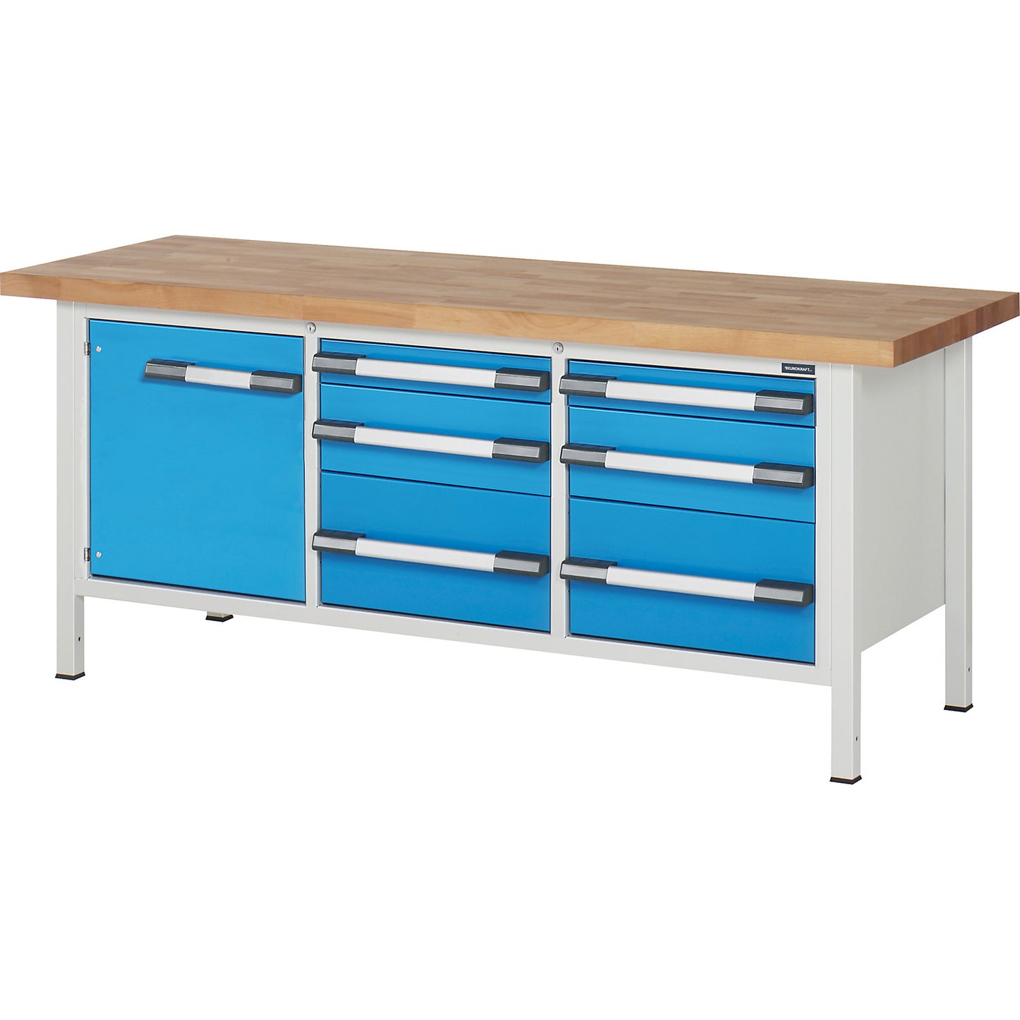 Workbench, Series 8000 frame construction, 6 drawers: 2 x 90, 2 x 180, 2 x 270 mm, 1 door 540 mm, WxD 2000 x 700 mm.