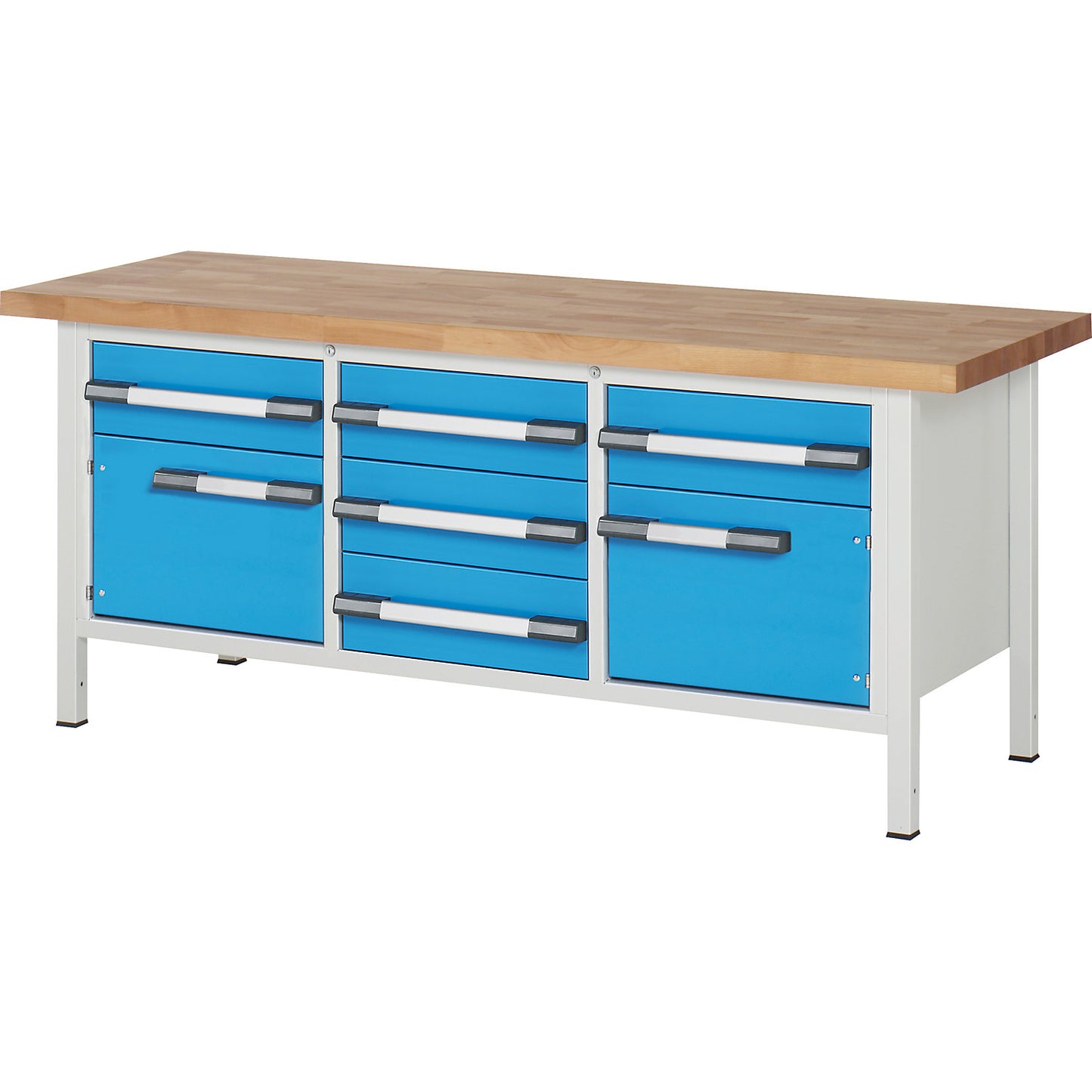 Workbench, Series 8000 frame construction, 5 drawers 180 mm, 2 doors 360 mm, WxD 2000 x 700 mm.