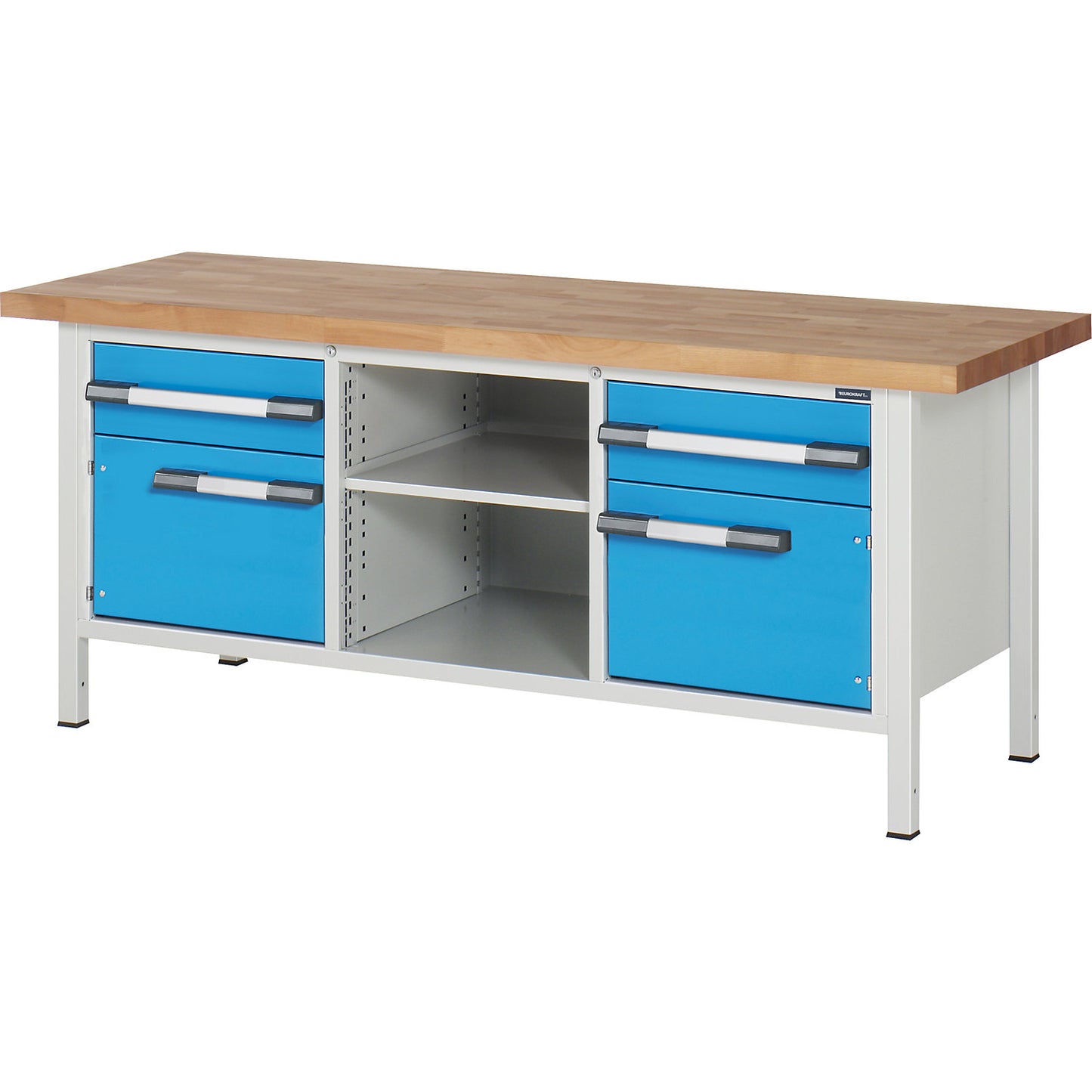 Workbench, Series 8000 frame construction, 2 drawers 180 mm, 2 doors 360 mm, 1 storage shelf, 1 shelf, WxD 2000 x 700 mm.