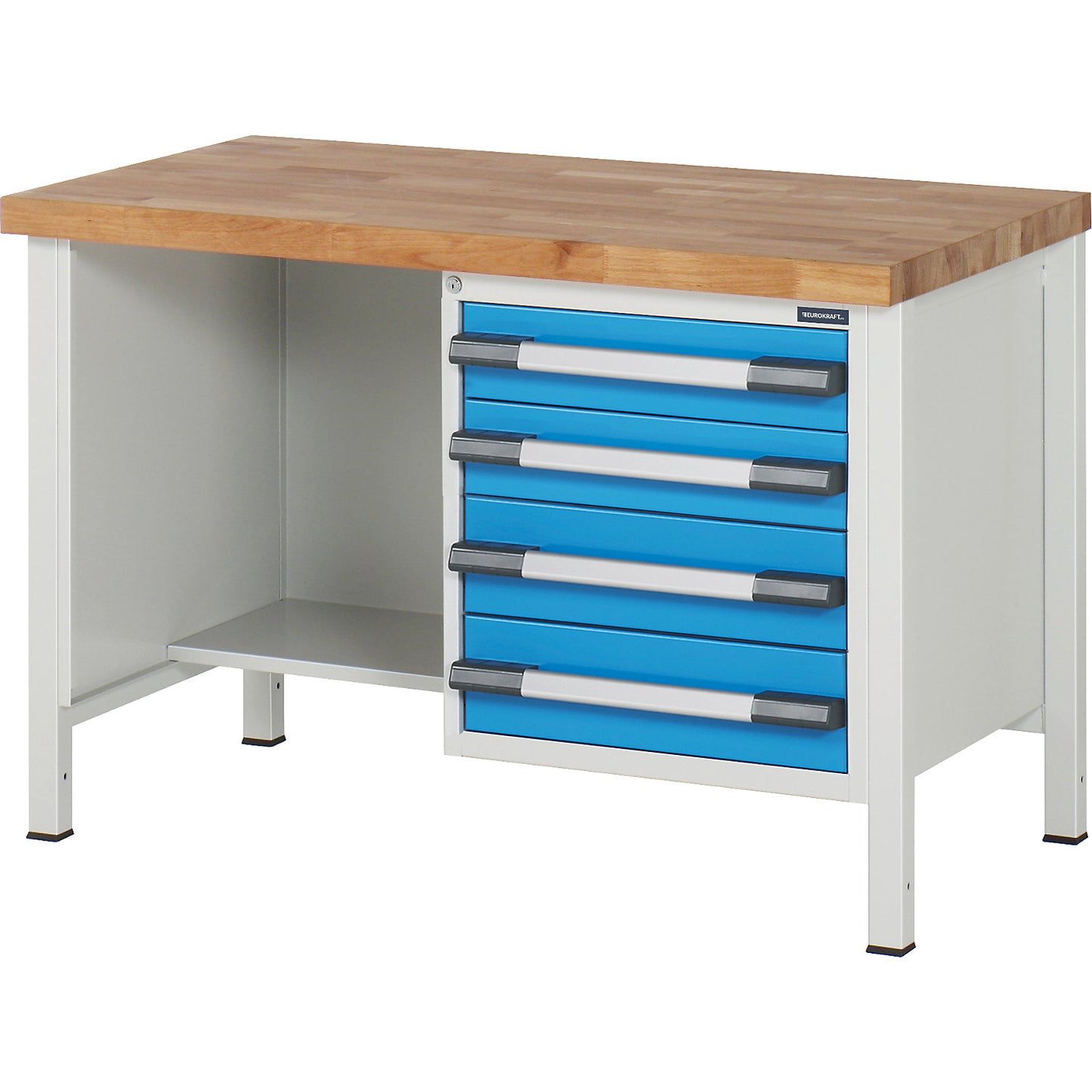 Workbench, Series 8000 frame construction, 4 drawers: 2 x 120, 2 x 150 mm, WxD 1250 x 700 mm.