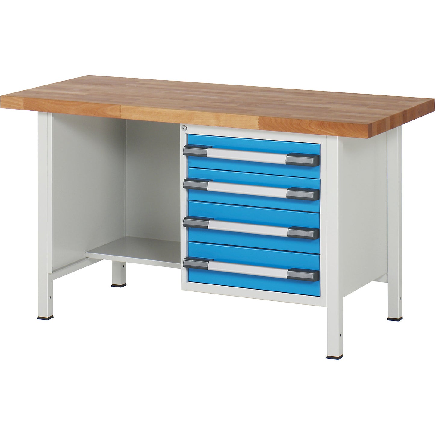 Workbench, Series 8000 frame construction, 4 drawers: 2 x 120, 2 x 150 mm, WxD 1500 x 700 mm.