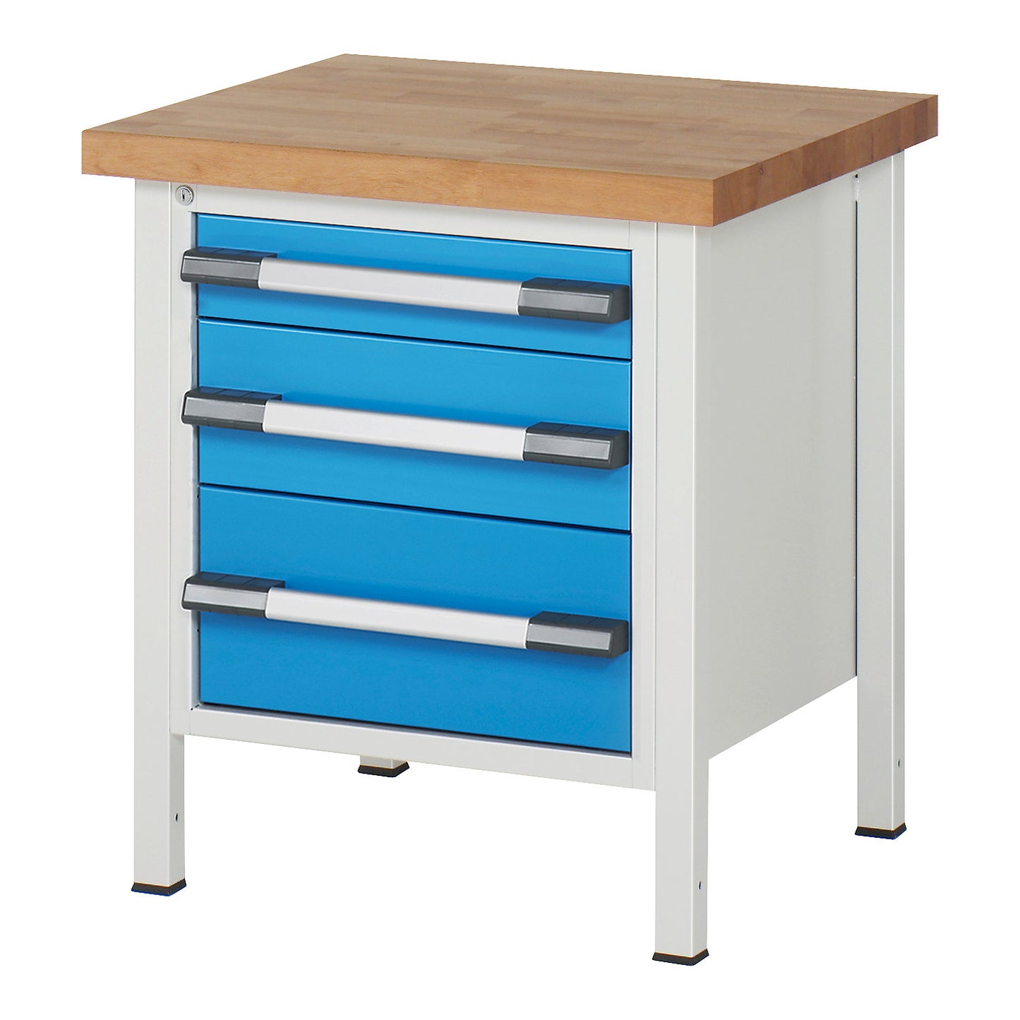 Workbench, Series 8000 frame construction, 3 drawers: 1 x 120, 1 x 180, 1 x 240 mm, WxD 750 x 700 mm.