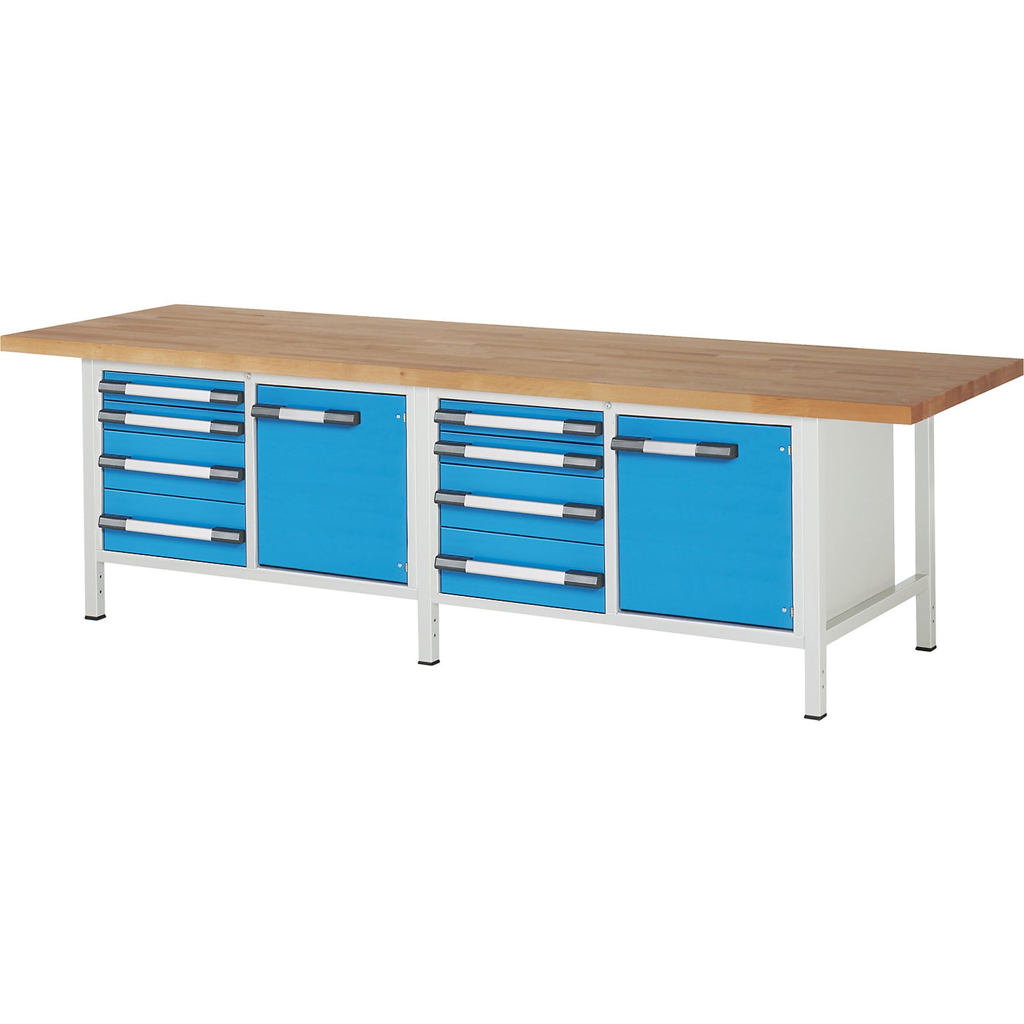 Workbench, Series 8000 frame construction, 8 drawers: 4 x 90, 4 x 180 mm, 2 doors 540 mm, WxD 3000 x 900 mm.