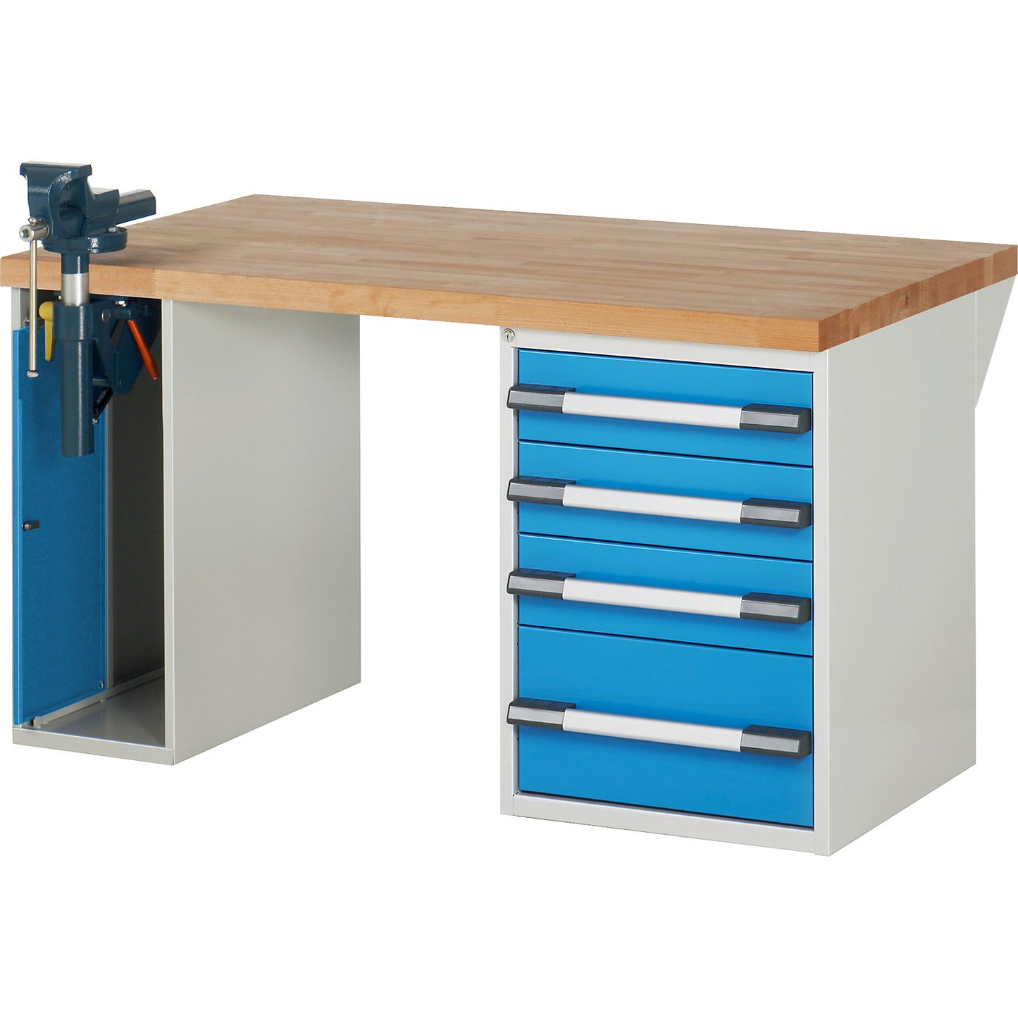 Workbench, Series 7000 modular system, 1 cupboard, 1 fixed pedestal with 4 drawers, WxD 1500 x 900 mm.