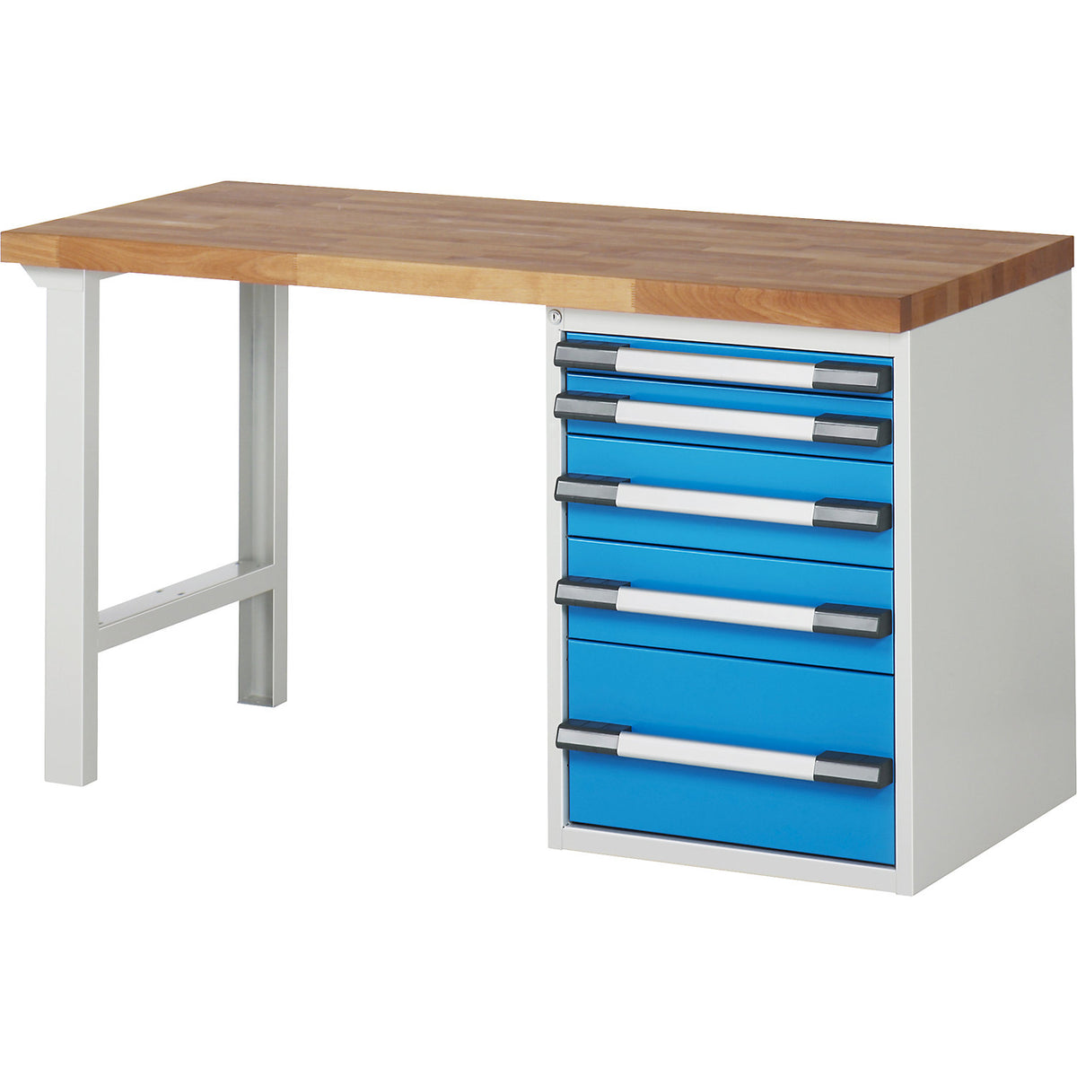Workbench with fixed pedestals, series 7000 modular system, 1 fixed pedestal with 5 drawers, 1 foot, WxD 1500 x 700 mm.