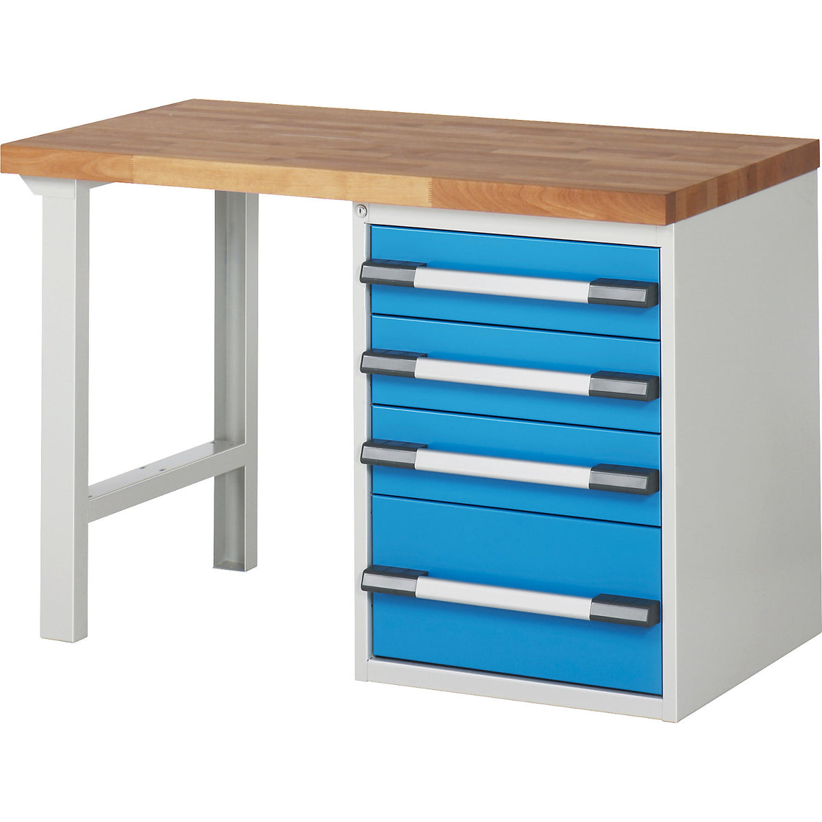 Workbench with fixed pedestals, series 7000 modular system, 1 fixed pedestal with 4 drawers, 1 foot, WxD 1250 x 700 mm.