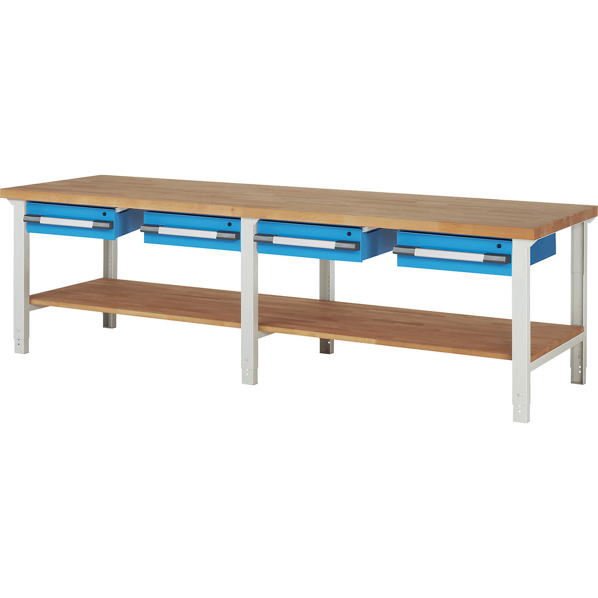 Workbench with suspended drawers, modular system series 7000, 4 single drawers, shelf, 3 feet, extra wide, WxD 3000 x 900 mm.