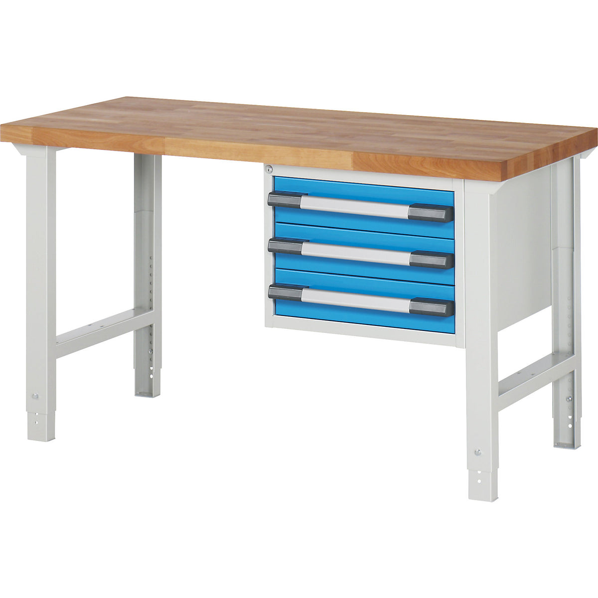 Workbench with suspended drawers, modular system series 7000, 1 suspended drawer unit with 3 drawers, 2 feet, WxD 1500 x 700 mm.