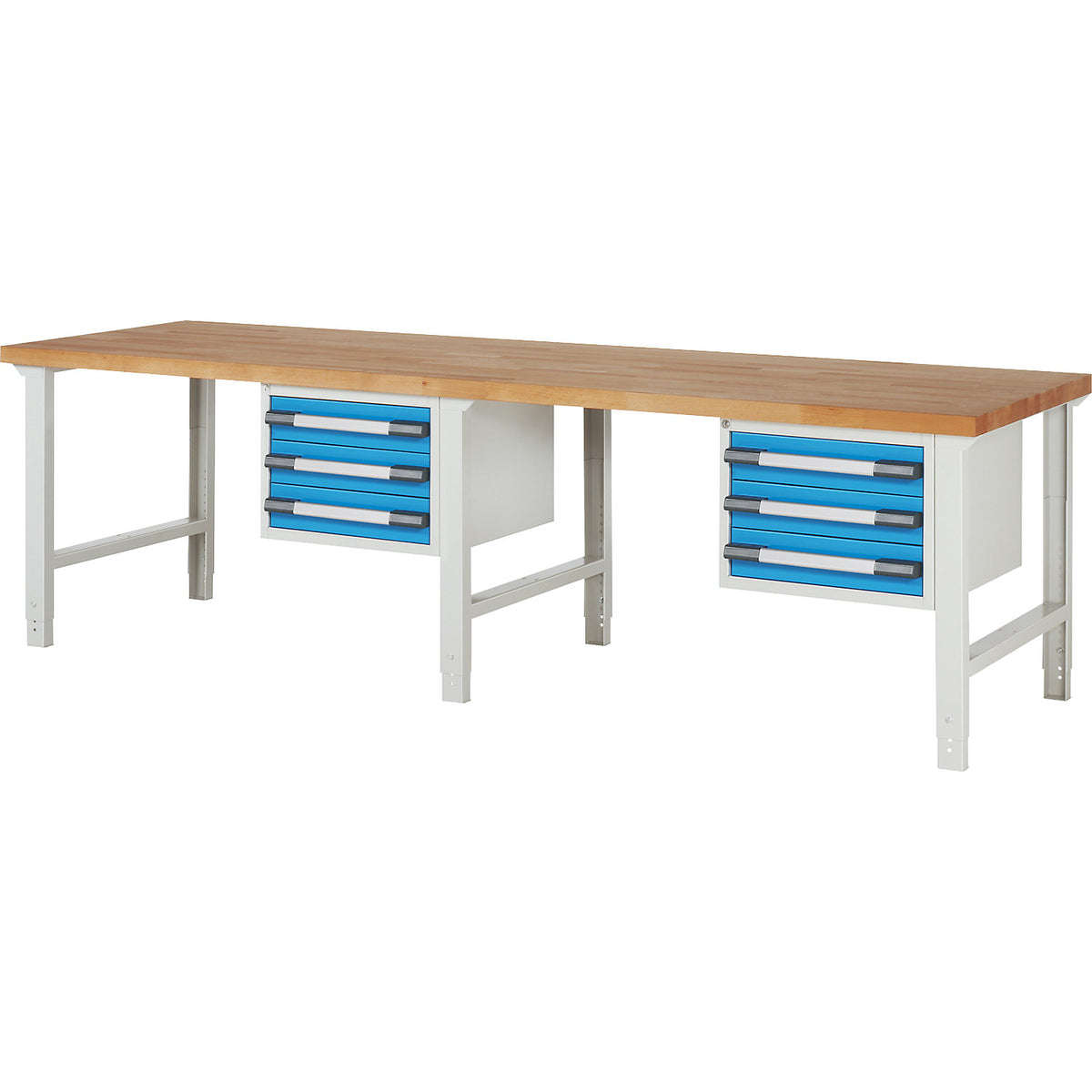Workbench with suspended drawers, modular system series 7000, 2 suspended containers with 3 drawers each, 3 feet, WxD 3000 x 900 mm.
