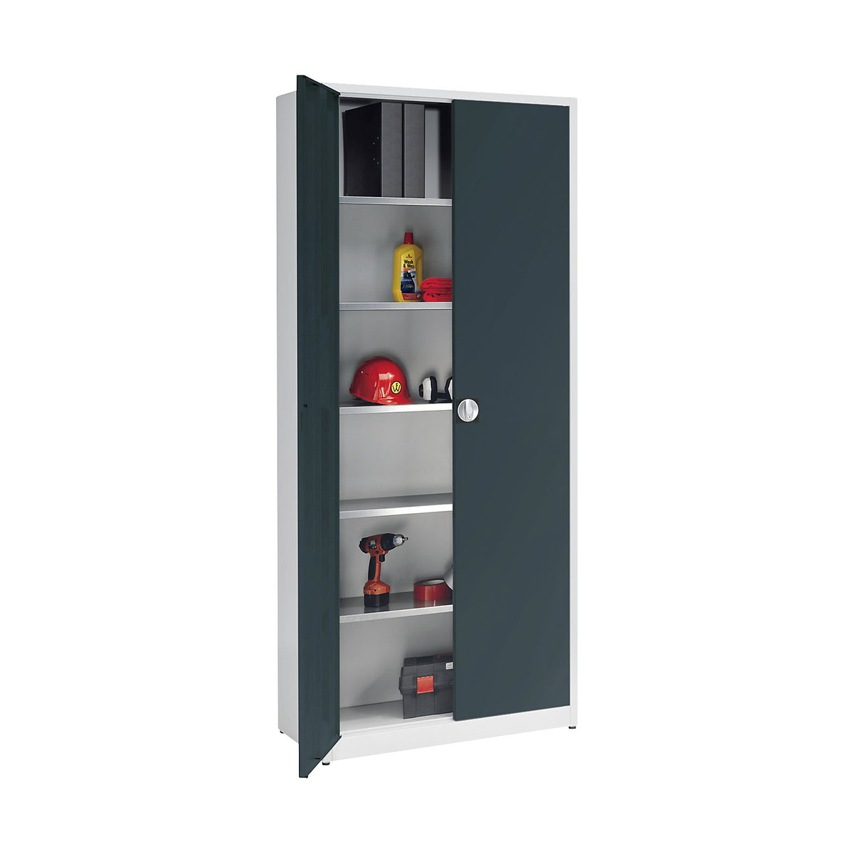 Extra high universal cupboard, HxWxD 2200 x 950 x 420 mm, light grey / charcoal.