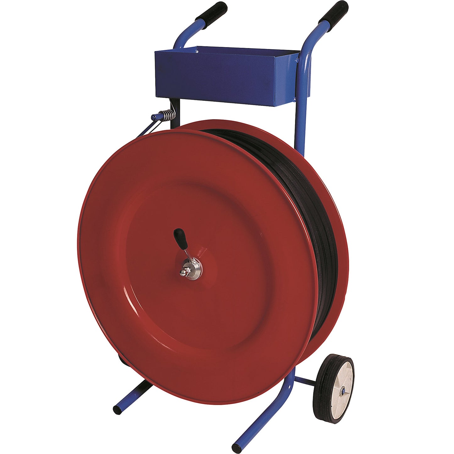 Strap dispenser for PP strapping, for strap width 12.7 - 16 mm, mobile, with storage compartment and calliper brake.
