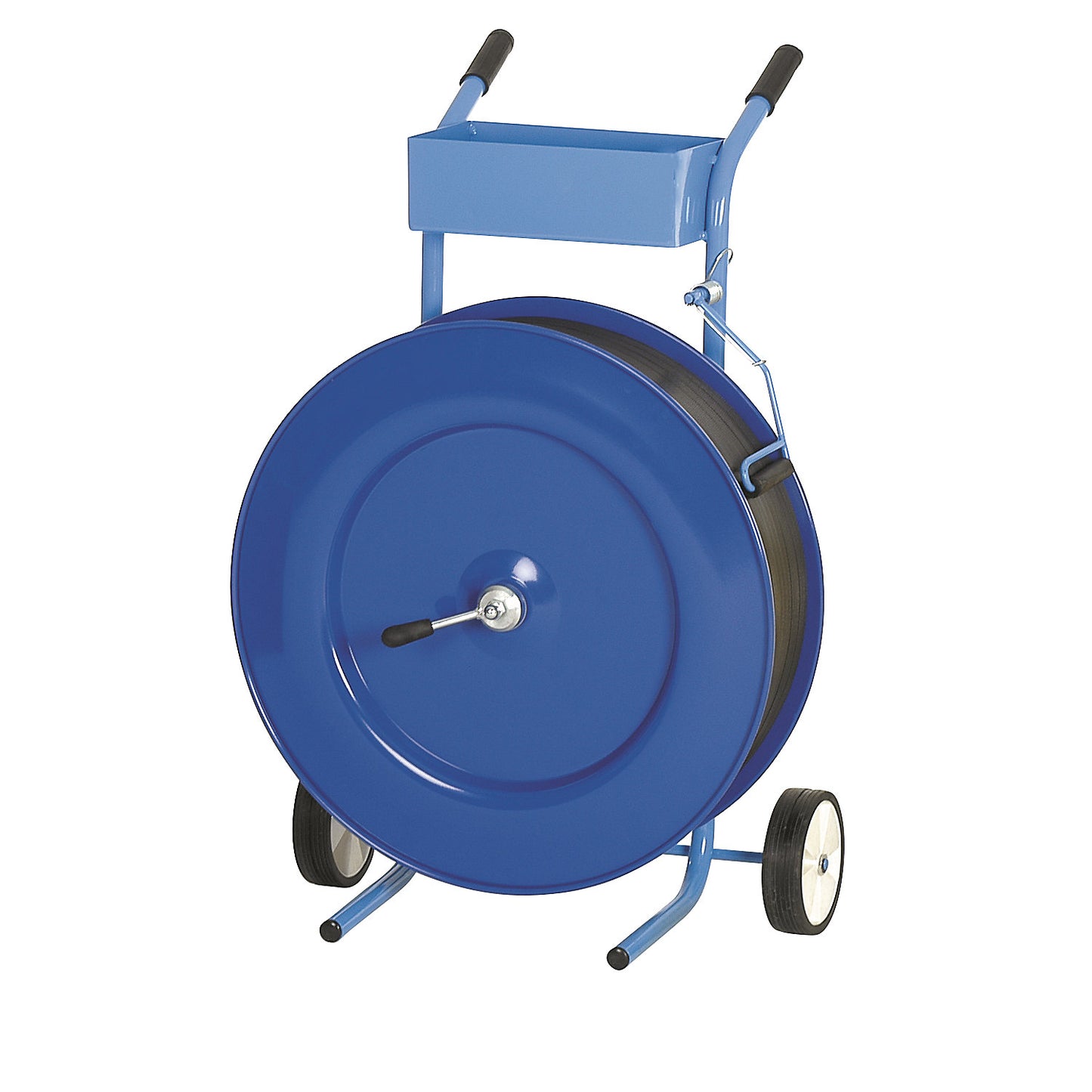 Strap dispenser for PP strapping, for strap width 13 mm, mobile, with storage compartment and calliper brake.