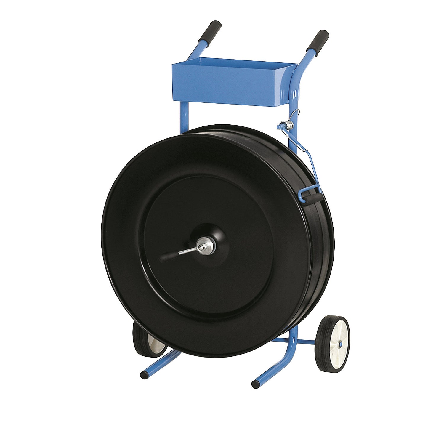 Strap dispenser for PP strapping, for strap width 16 mm, mobile, with storage compartment and calliper brake.