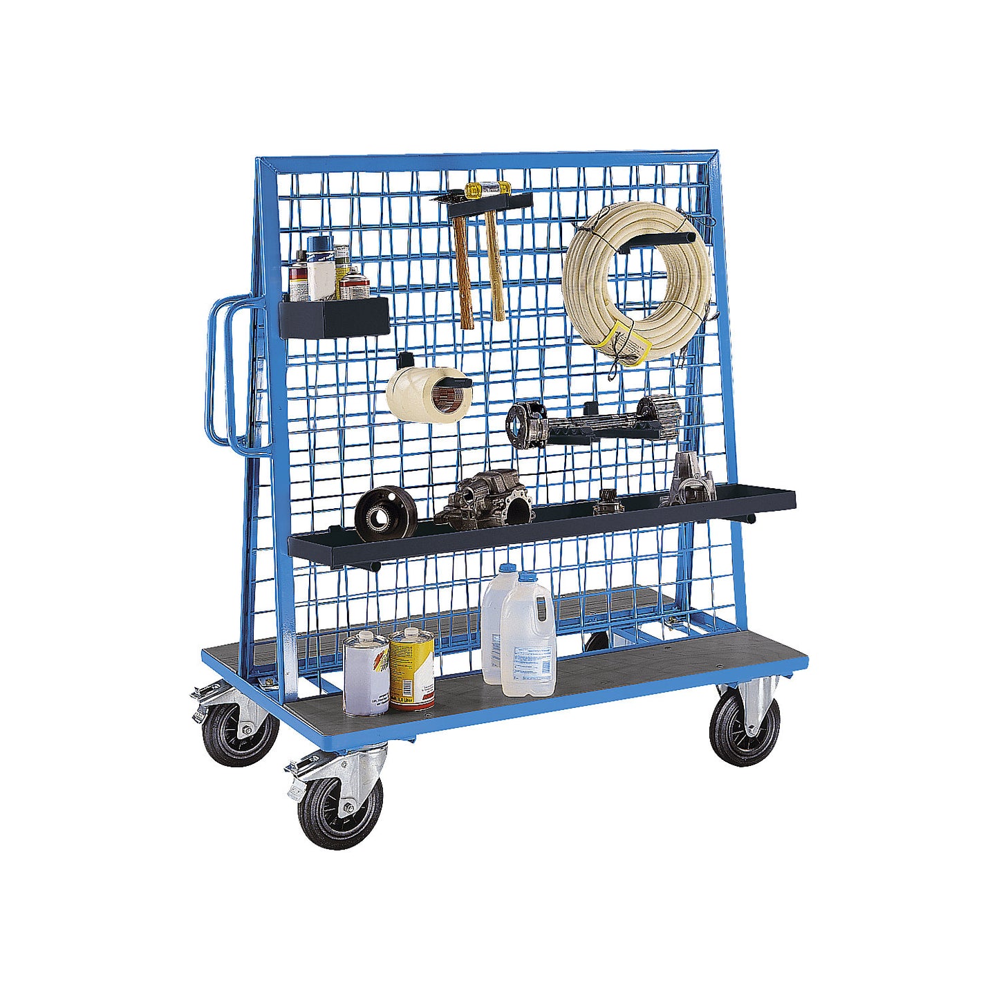 Tool and supplies trolley made of steel, max. load 500 kg, with 2 mesh panels for hook-on holders.