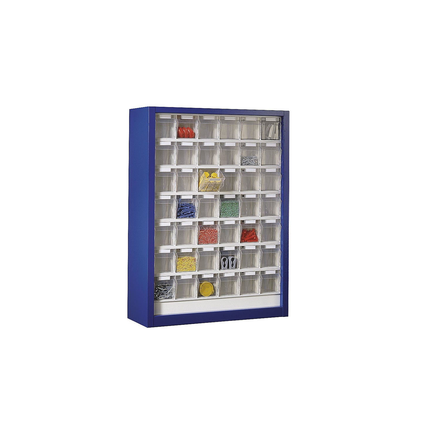 Wall mounted cupboard for visual storage containers, HxWxD 910 x 665 x 250 mm, with 42 bins, gentian blue housing.