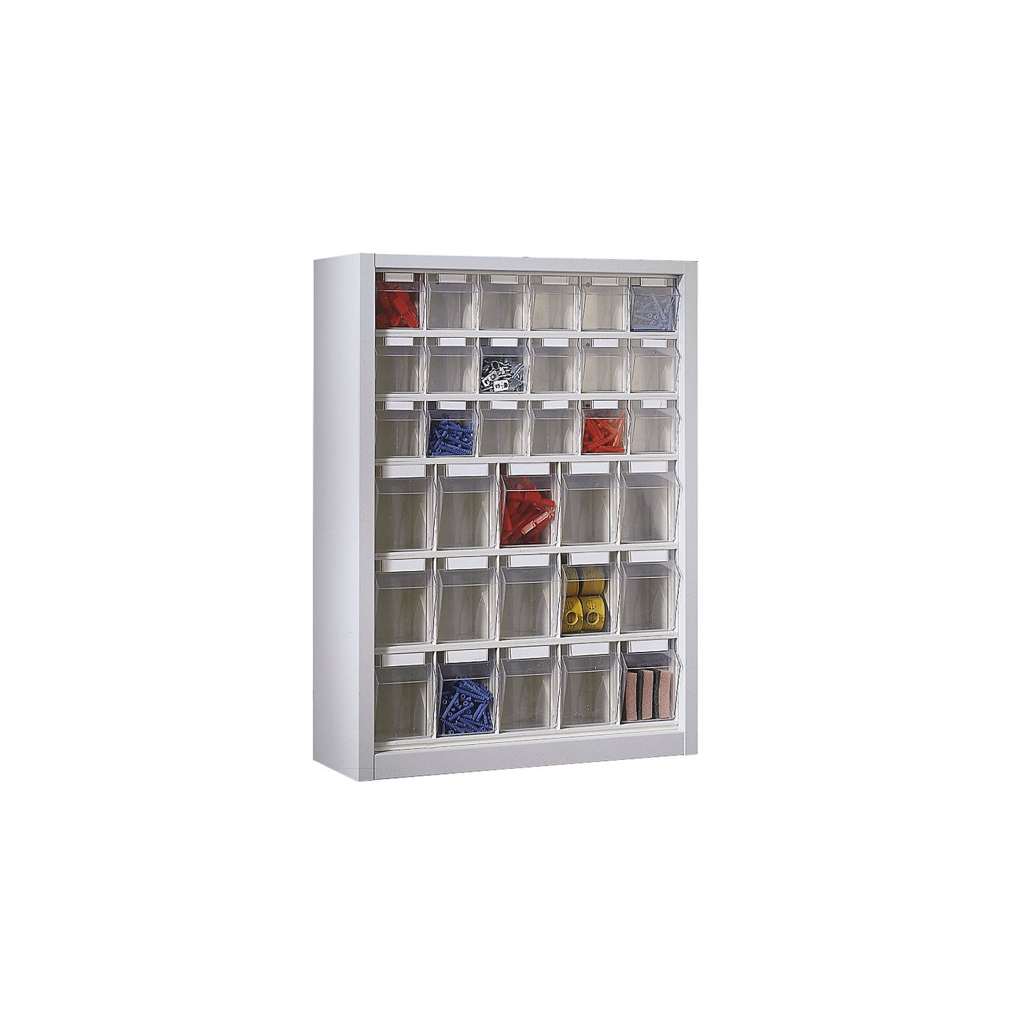 Wall mounted cupboard for visual storage containers, HxWxD 910 x 665 x 250 mm, with 33 bins, light grey housing.