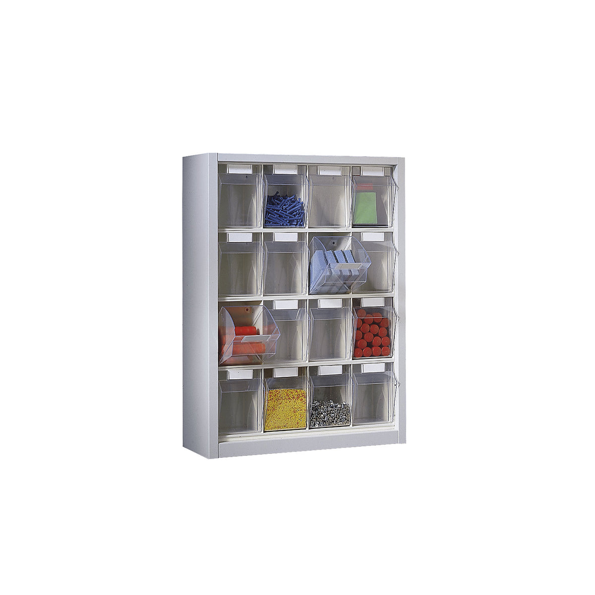 Wall mounted cupboard for visual storage containers, HxWxD 910 x 665 x 250 mm, with 16 bins, light grey housing.