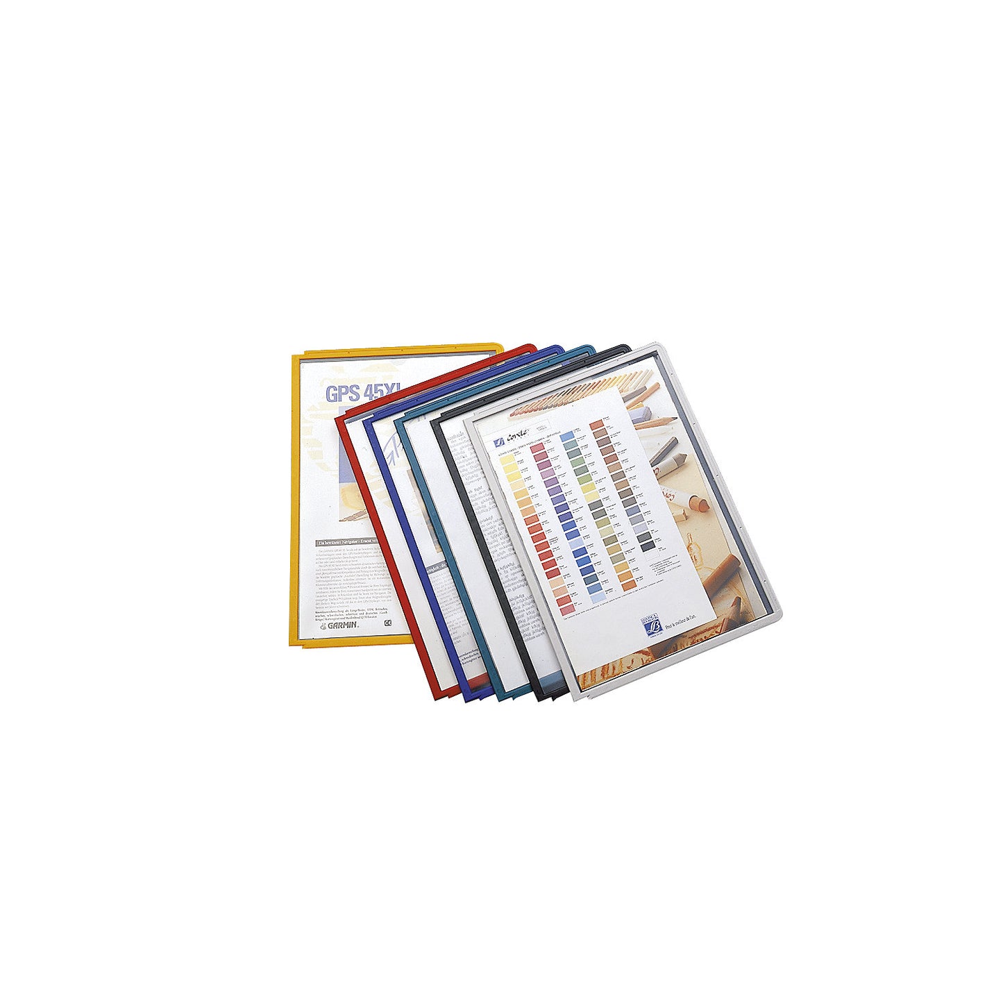 Clear view panel with profiled frame, colour assortment, pack of 10, for A4.