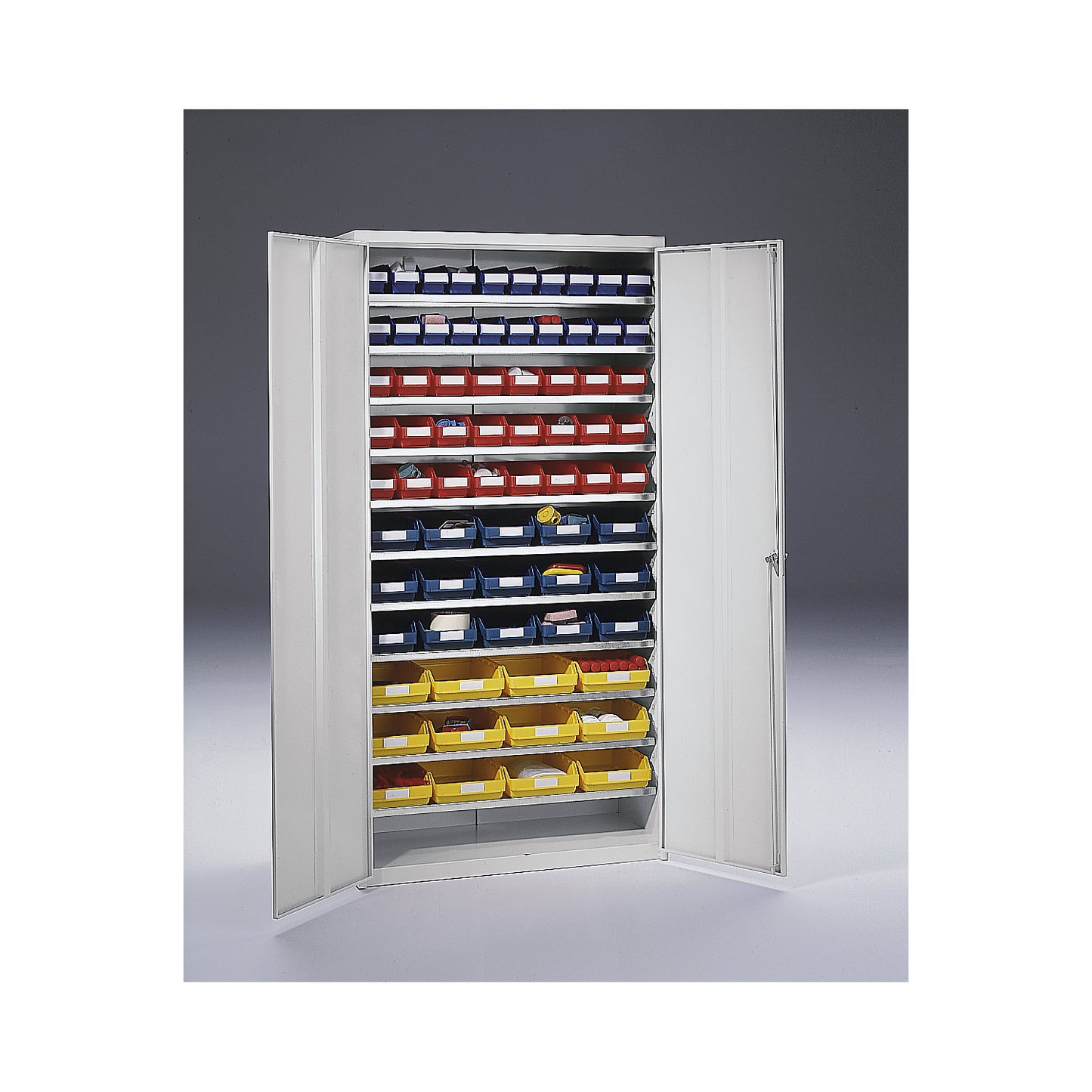 Storage cupboard, HxWxD 1970 x 1000 x 450 mm, with shelf bins, 71 bins in different colours.
