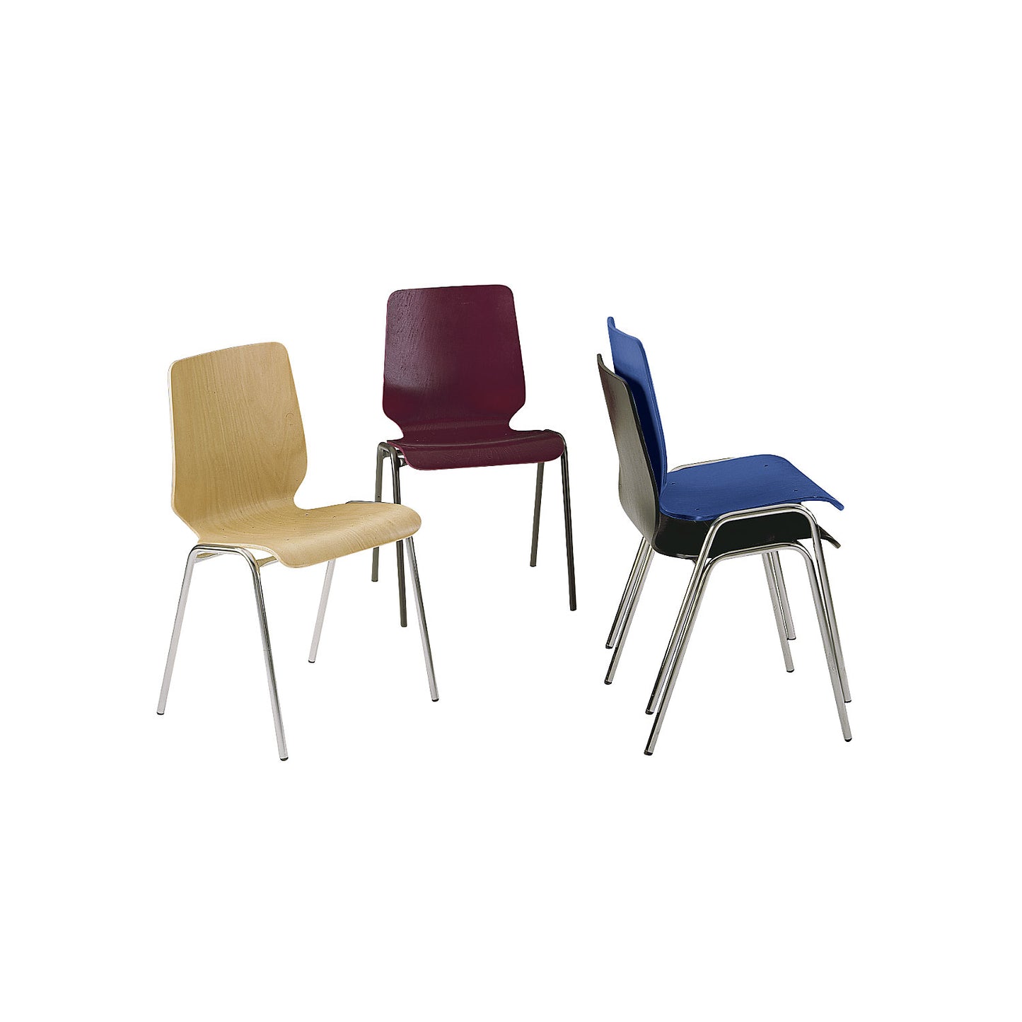 NUKI wooden stacking chair, chrome plated frame, pack of 4, natural beech wood.