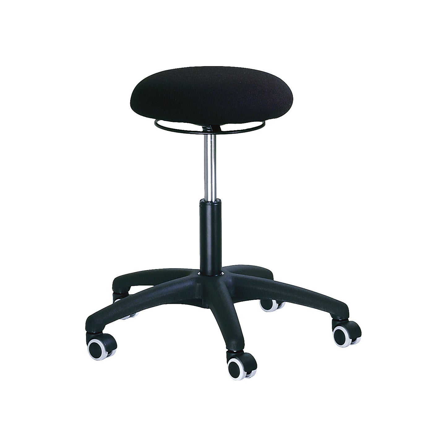 Industrial swivel stool upholstered with fabric cover, gas lift height adjustment, five-star base with castors.