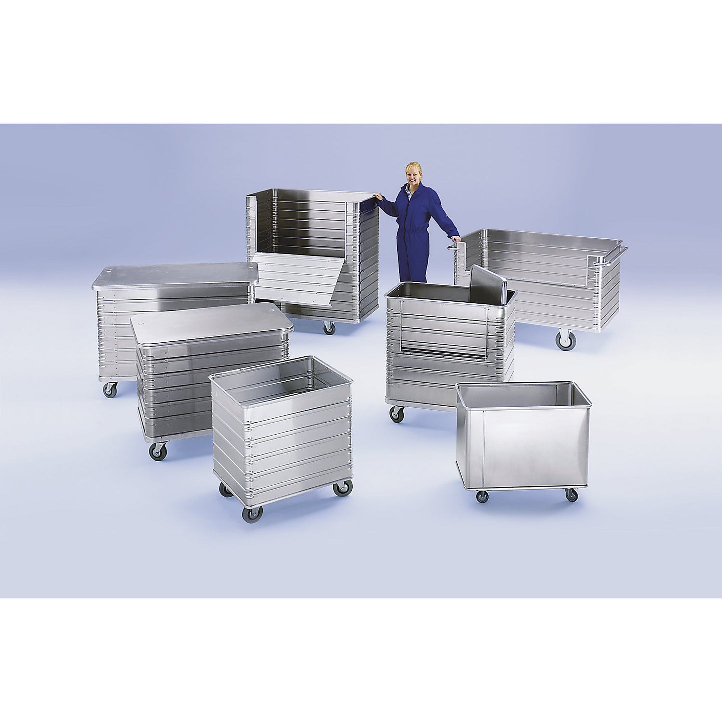 Aluminium box trolley, capacity 945 l, with 250 mm deep cut-out in side panel.