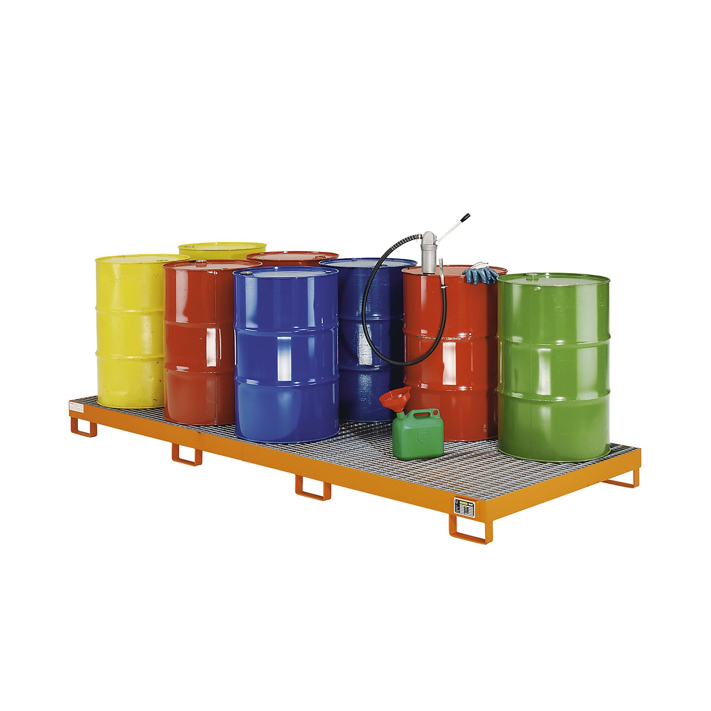 Steel sump tray, sump capacity 240 l, for 10 x 200 l drums, orange.