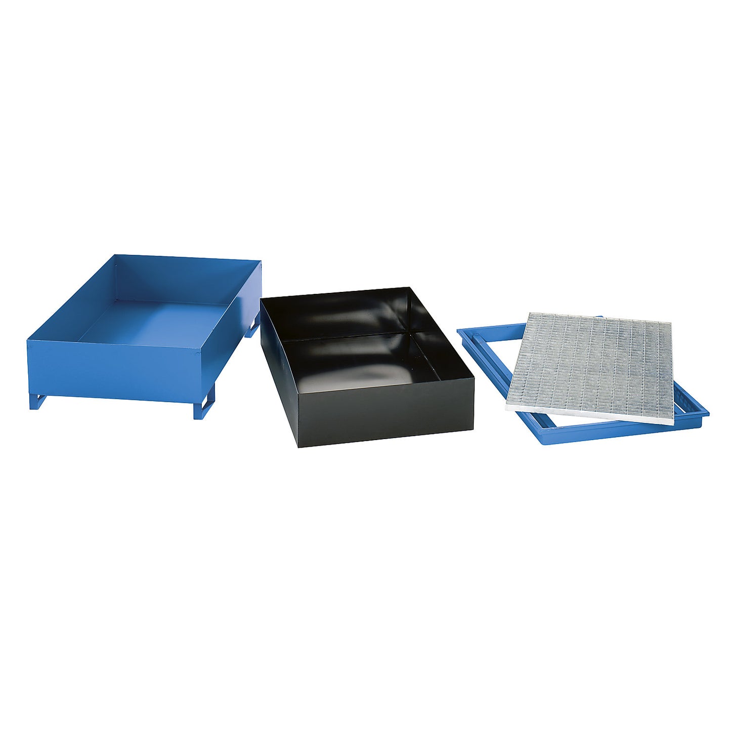 Steel sump tray with PE insert, 1000 l, for 1 x IBC/CTC, LxWxH 1475 x 1475 x 630 mm, painted blue.