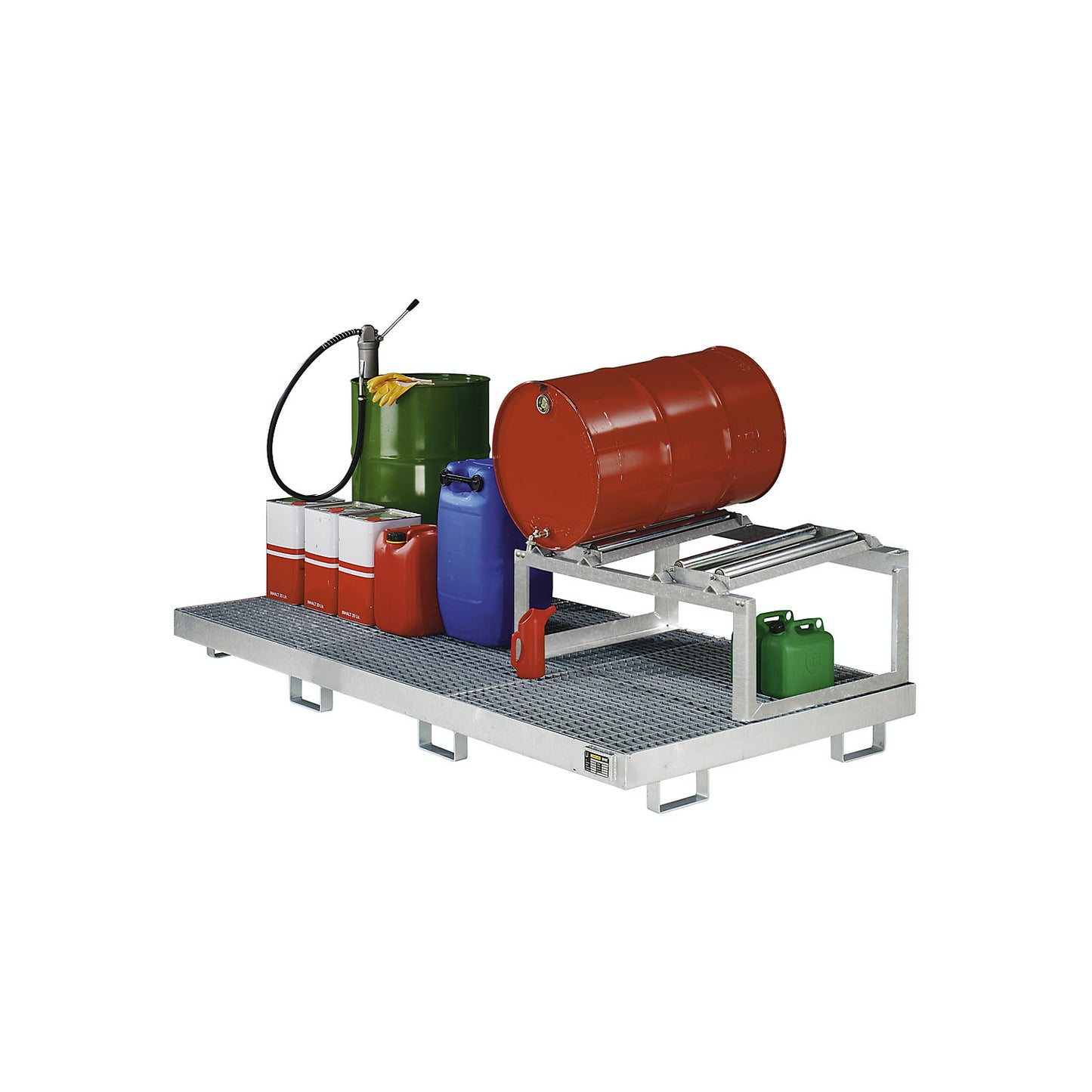 Steel sump tray with edge profiles, for 4 x 200 l drums, LxW 2400 x 800 mm, hot dip galvanised.