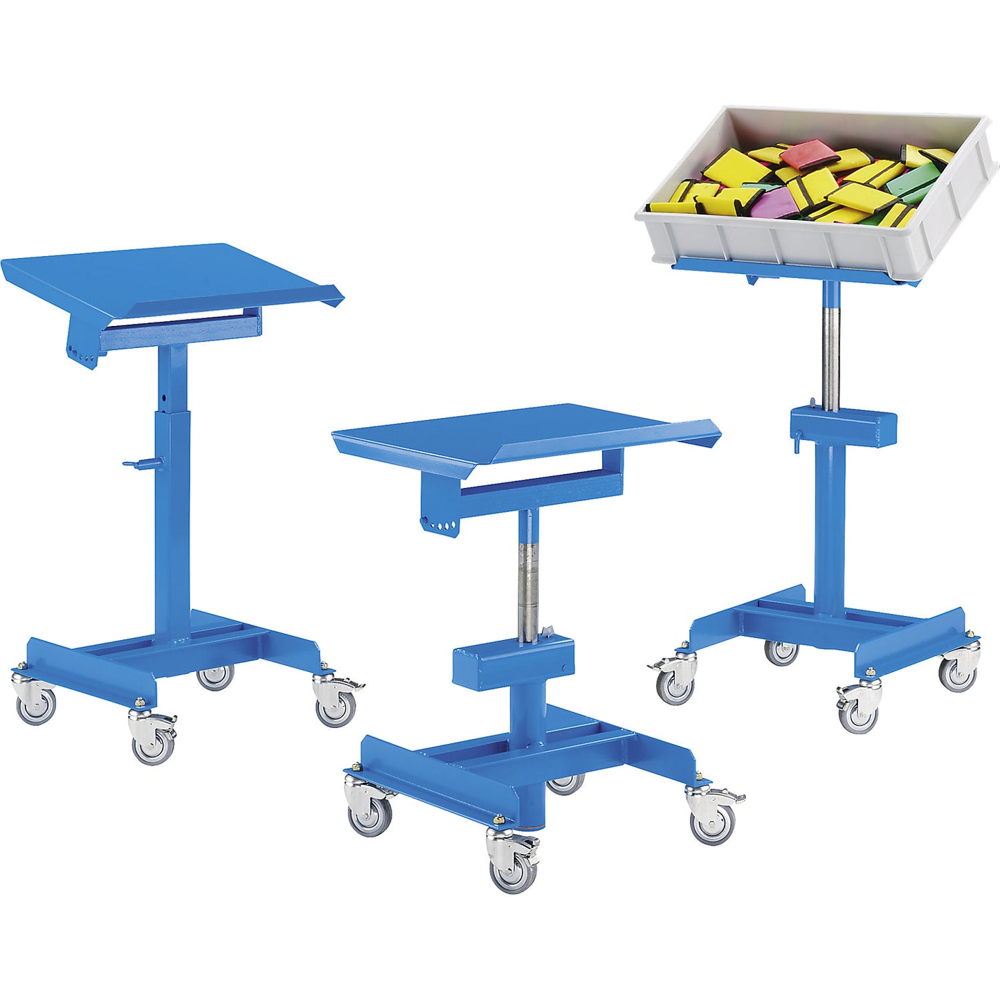 Work stand, max. load 150 kg, mobile, height adjustment without load with pneumatic fall arrest, height adjustment range 510 - 700 mm.