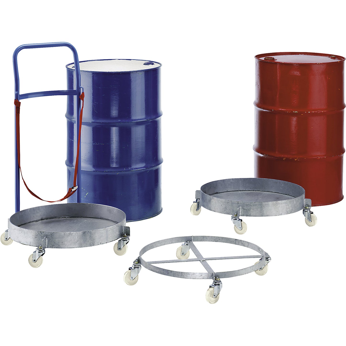 Drum dolly, with watertight metal tray, zinc plated, with push handle, internal frame Ø 610 mm.