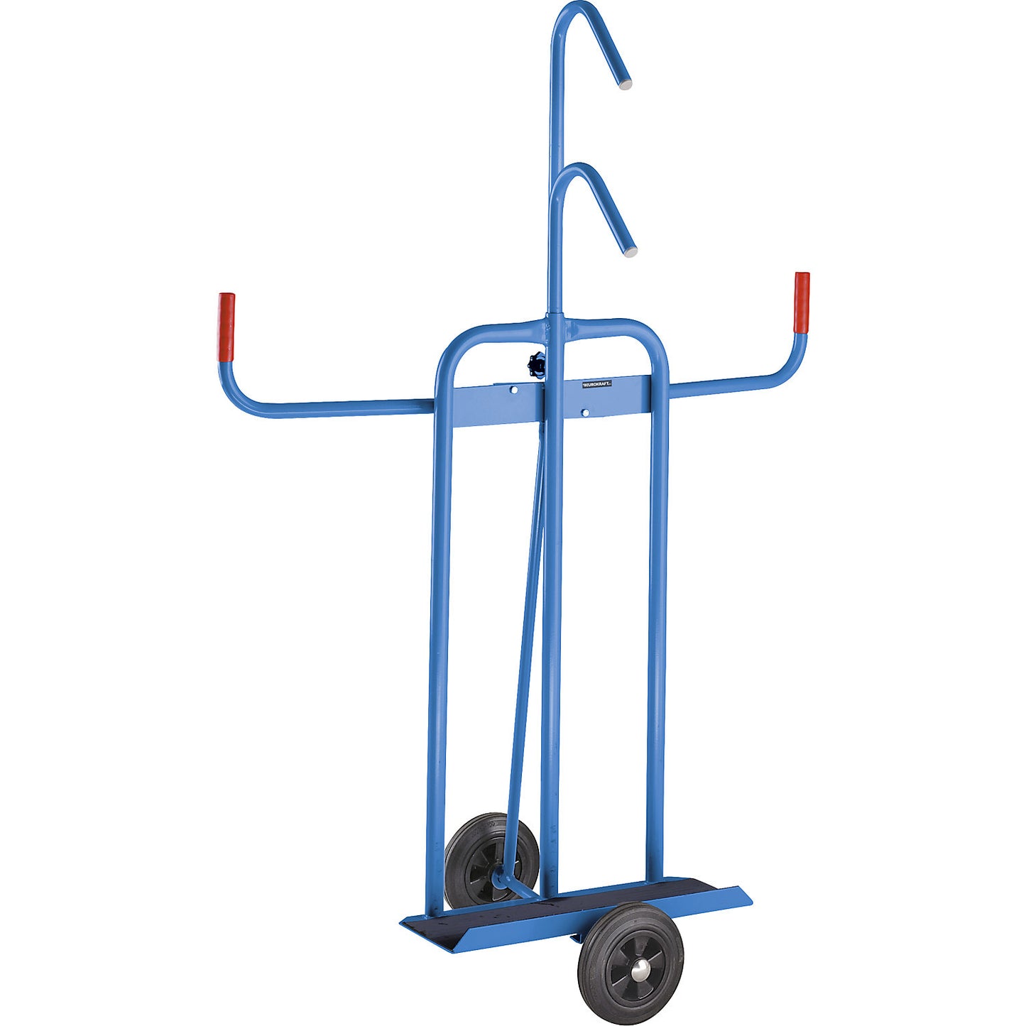 Panel trolley, solid rubber tyres with roller bearings, height adjustable retainer, black rubber covering.