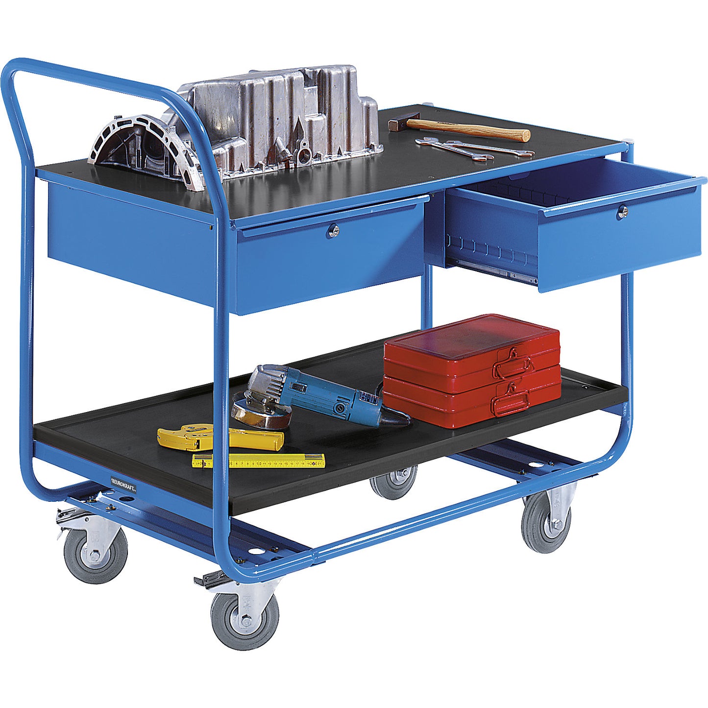 Industrial table trolley, 2 shelves, 2 drawers, solid rubber tyres, non-marking.