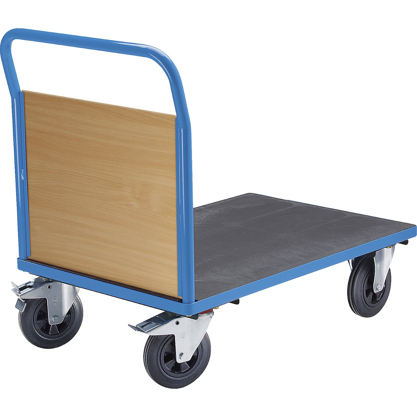 Platform truck with wooden panels, with 1 end panel, LxW 1100 x 700 mm, solid rubber.