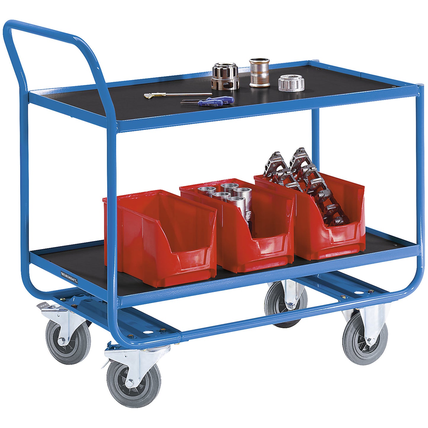 Table trolley, 2 shelves with raised steel edges, solid rubber tyres, non-marking.