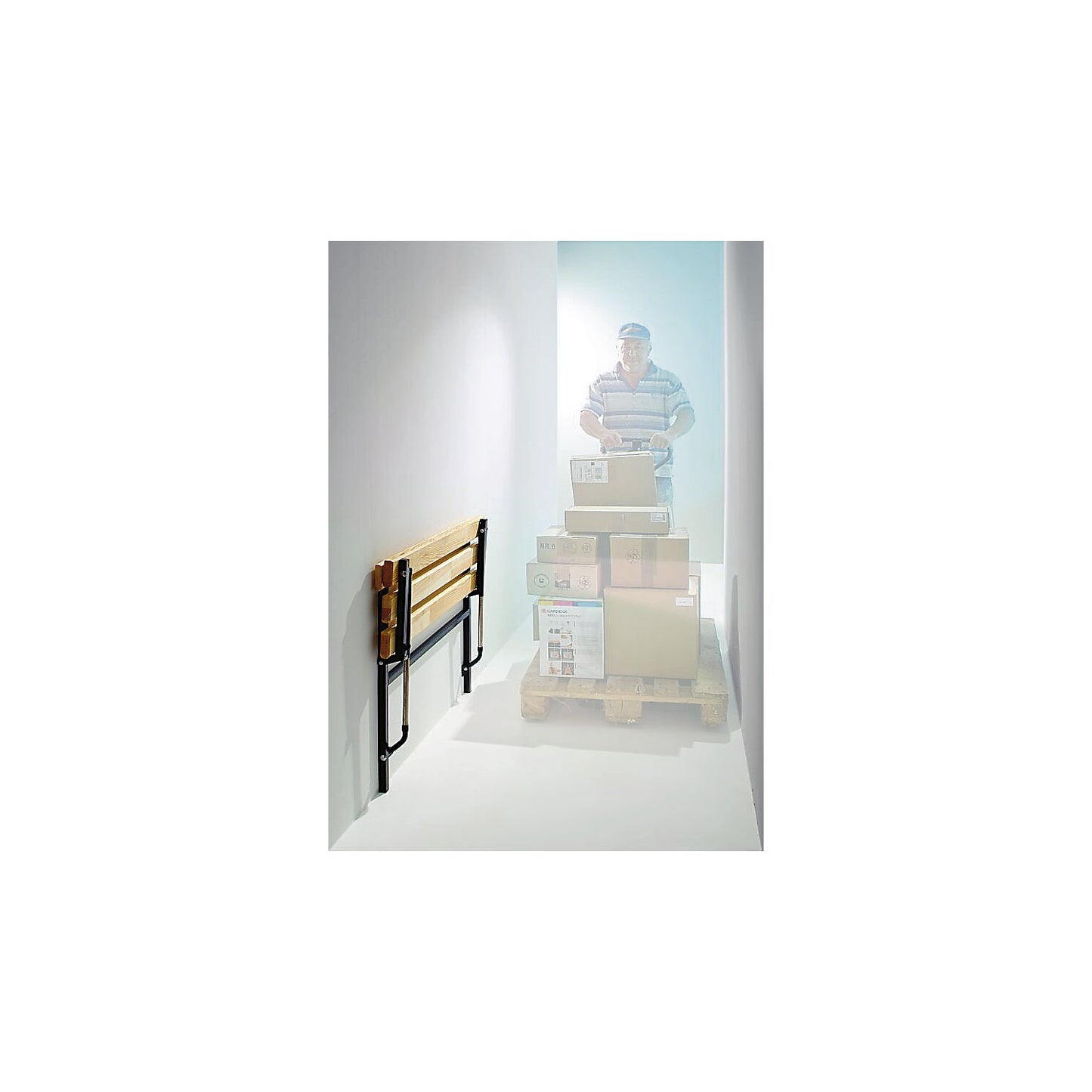 Folding wall-mounted bench, fixed length 1200 mm, with wooden slats.