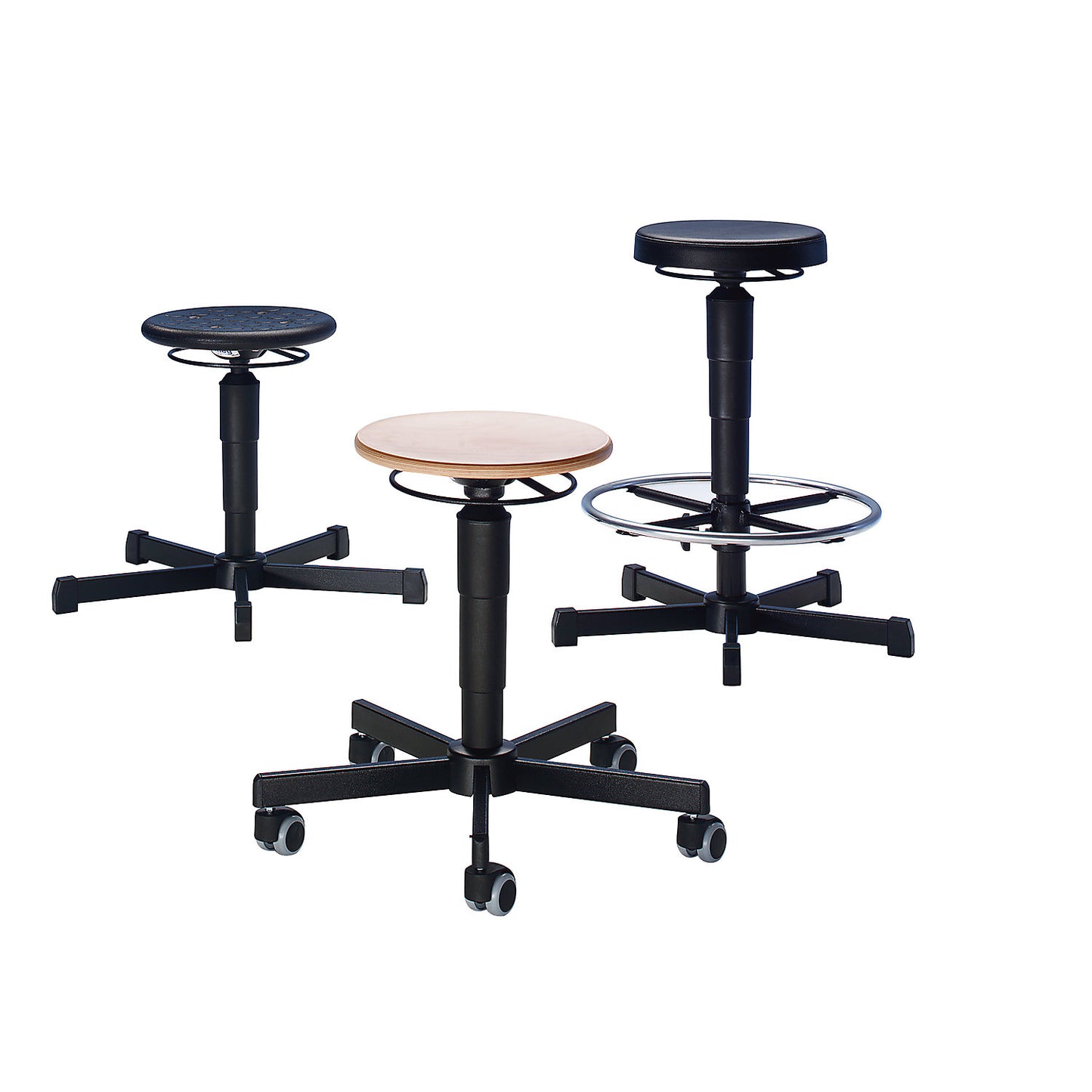 Swivel stools, gas lift height adjustment, release spring, polyurethane foam seat, with glides.