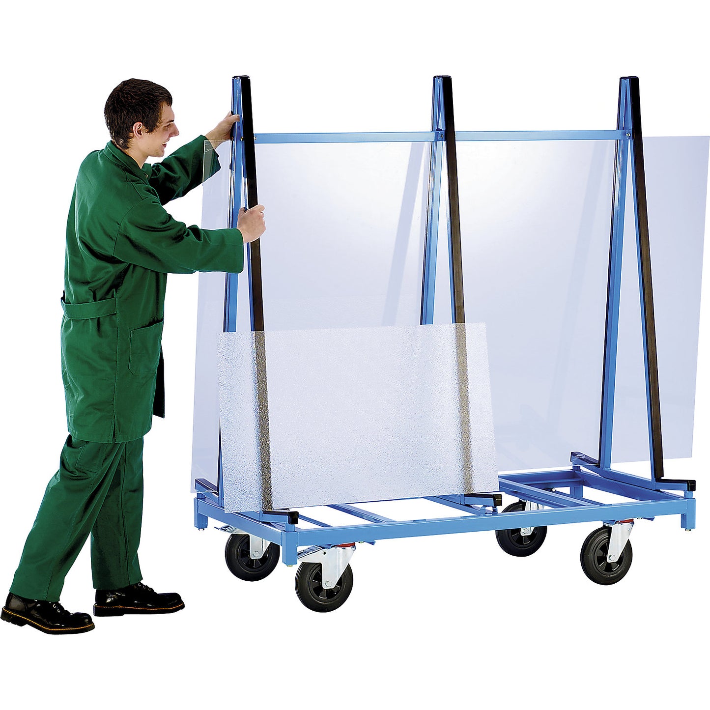 Glass trolley, 2 platforms, with rubber covering.