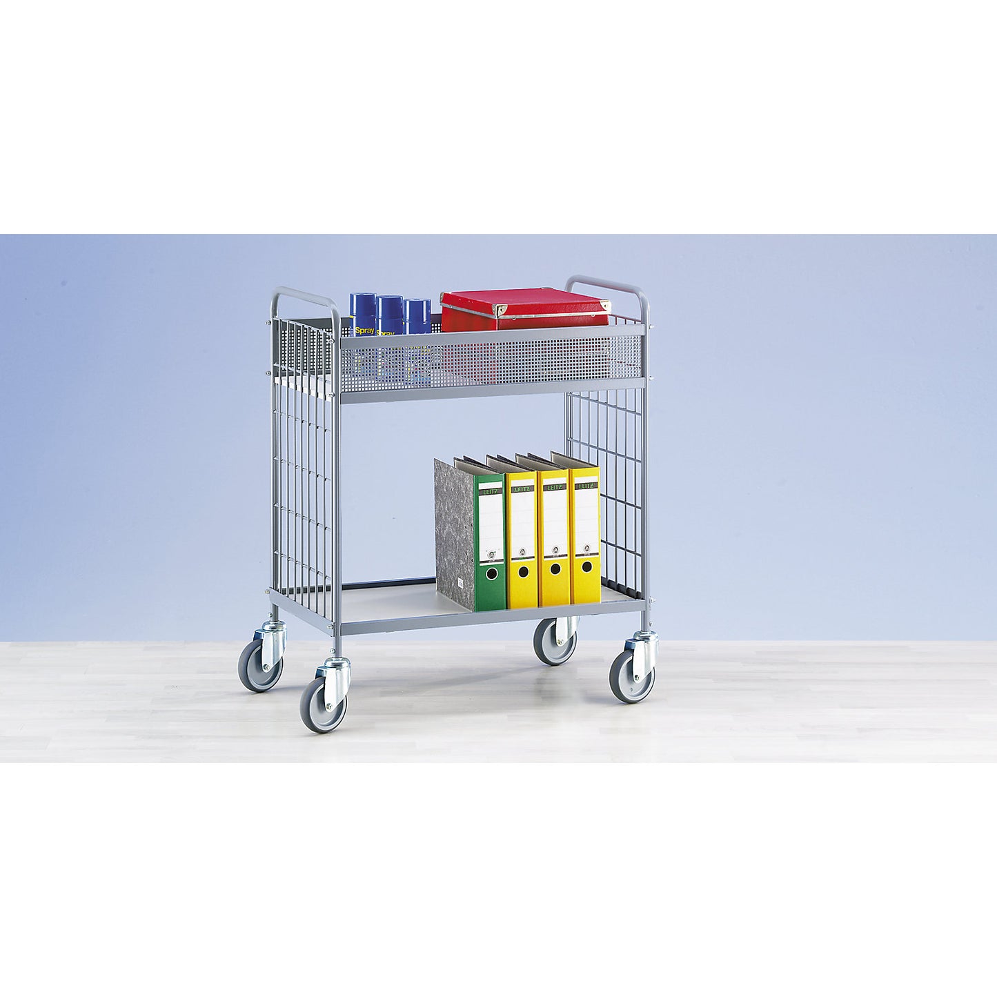 Office shelf trolley, max. load 150 kg, shelf LxW 770 x 425 mm, 2 shelves, shelf heights 240 / 750 mm.