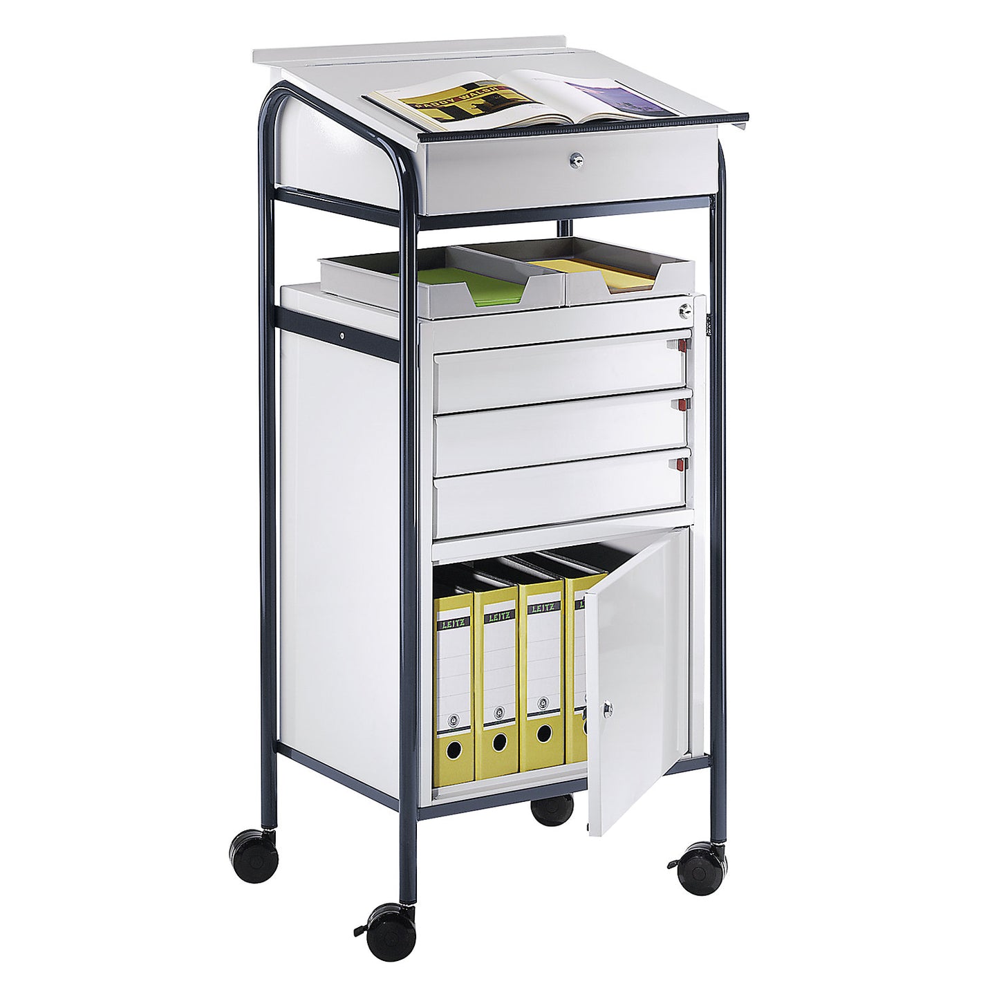 Workshop desk, 1 cupboard, 3 drawers, HxWxD 1140 x 590 x 520 mm.