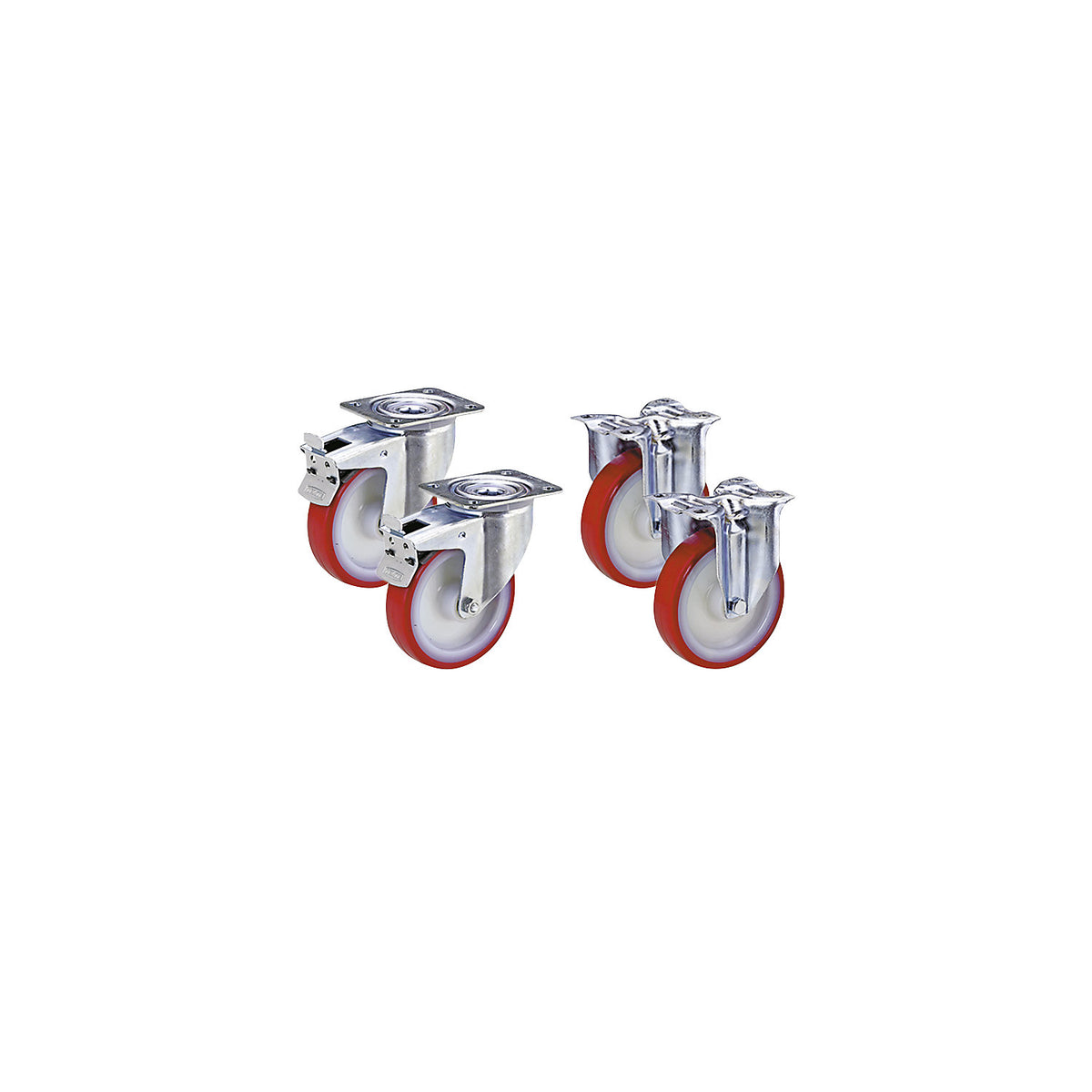 Set of polyurethane tyres on nylon rims, 2 swivel castors with double stops, 2 fixed castors, wheel Ø x width 100 x 32 mm.