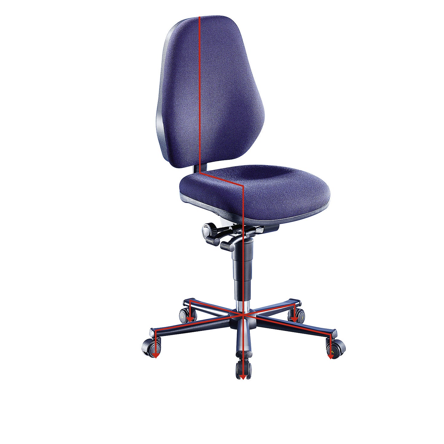 ESD industrial swivel chair, conductive, gas spring, with castors, black fabric covering.