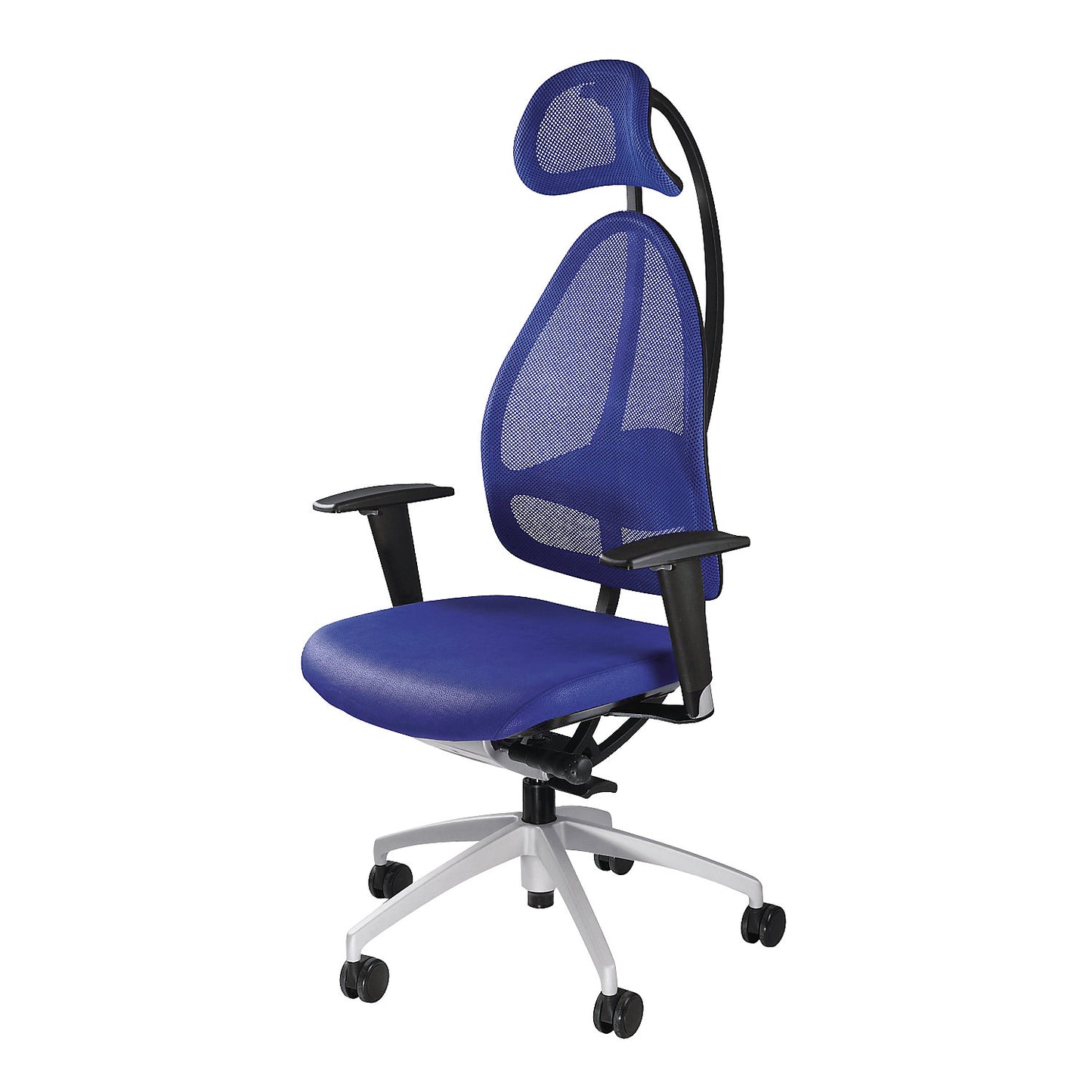 Designer office swivel chair, with head rest and mesh back rest, effective back rest height 830 mm, royal blue.