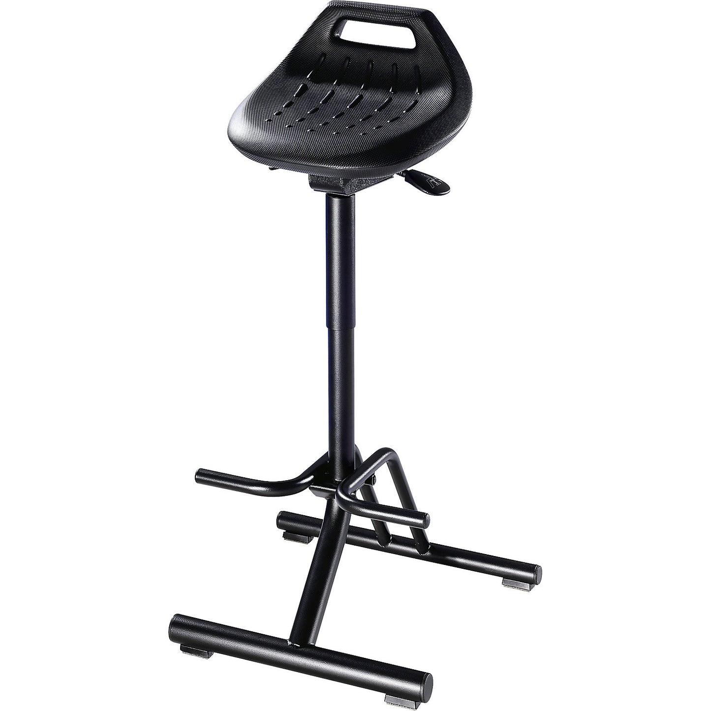 Industrial anti-fatigue stool, with folding base frame and foot rest, seat rotates through 360°.