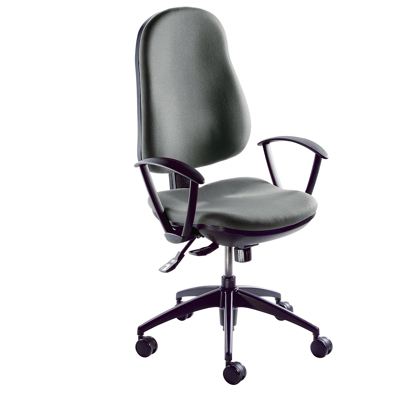 Ergonomic swivel chair, point synchronous mechanism, without arm rests, grey fabric covering.