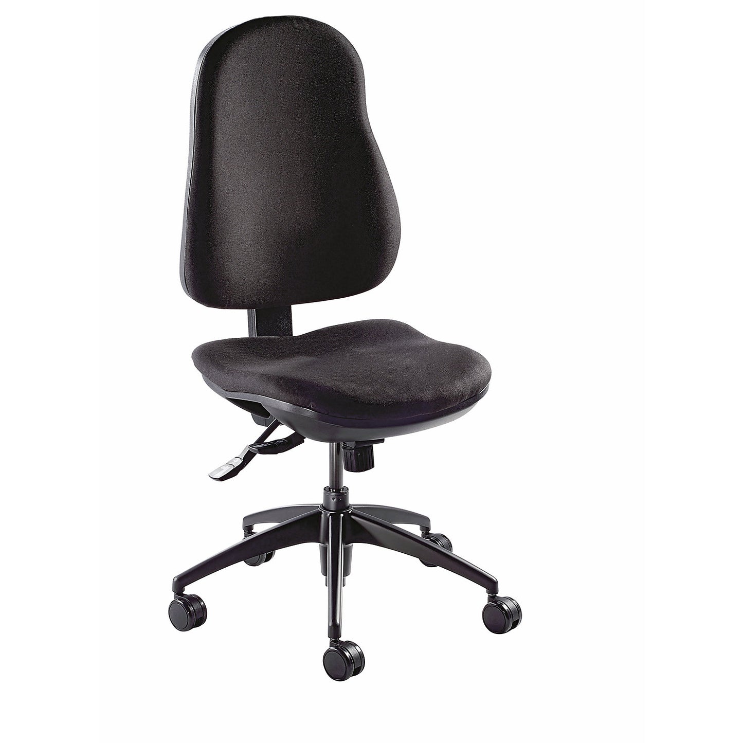 Ergonomic swivel chair, point synchronous mechanism, without arm rests, black covering.