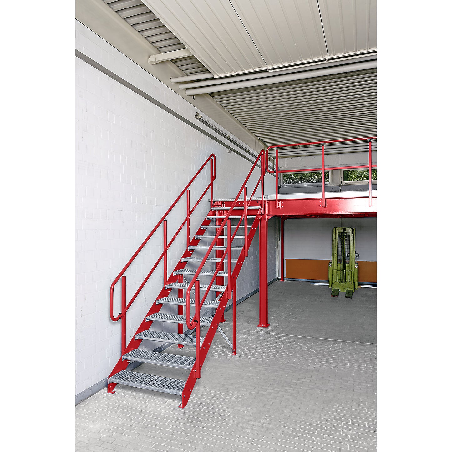 Stairs for mezzanine floor, mesh grid steps, 17 steps, for platform height 3500 mm.
