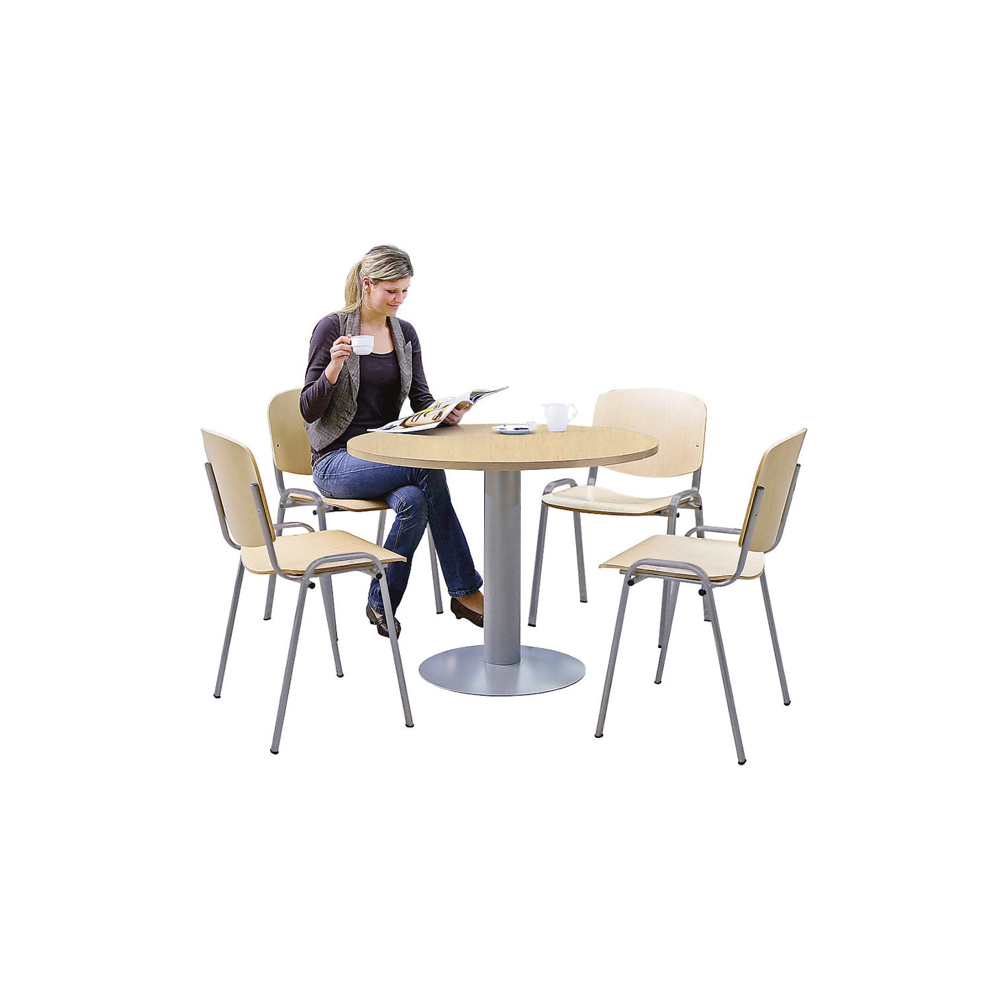 Stacking chair, ergonomic shape, beech / aluminium coloured frame, pack of 4.