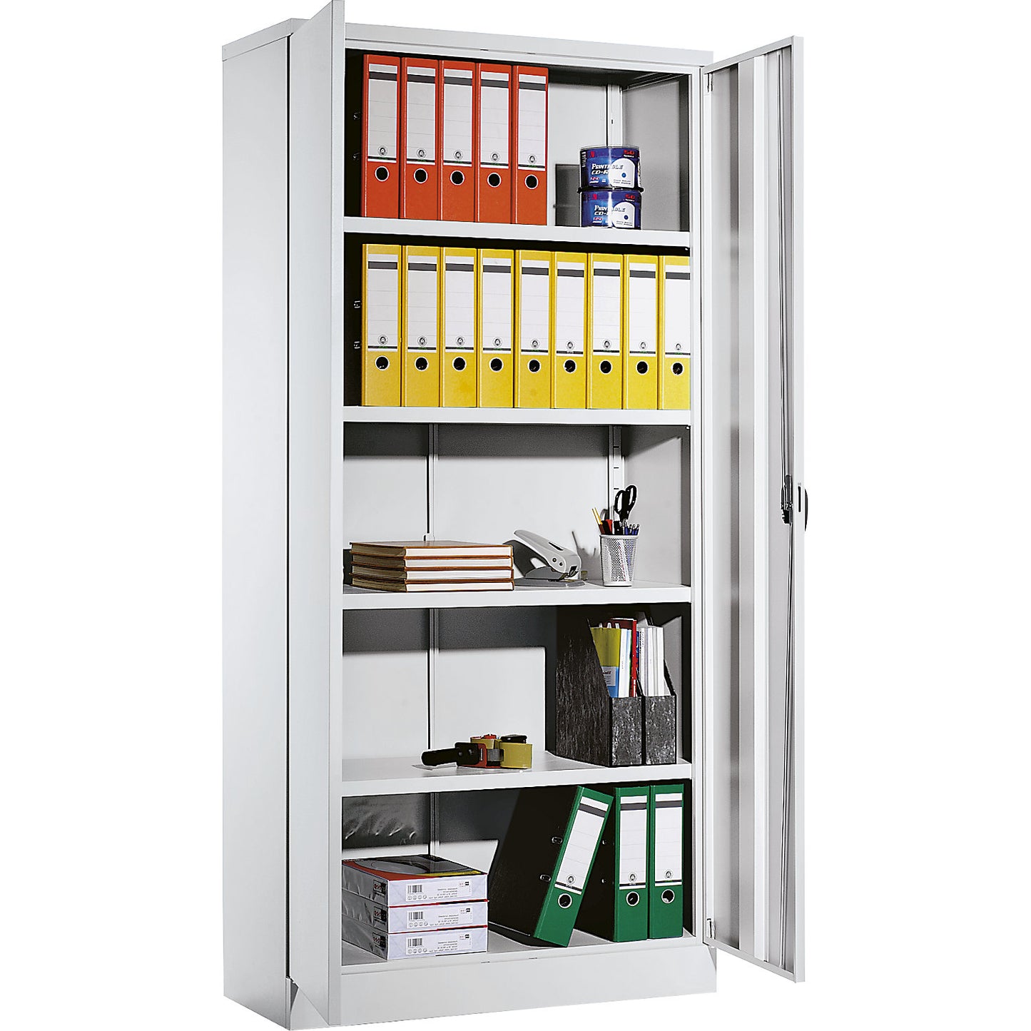 Universal hinged door cupboard, external HxWxD 1950 x 915 x 421 mm, light grey doors.