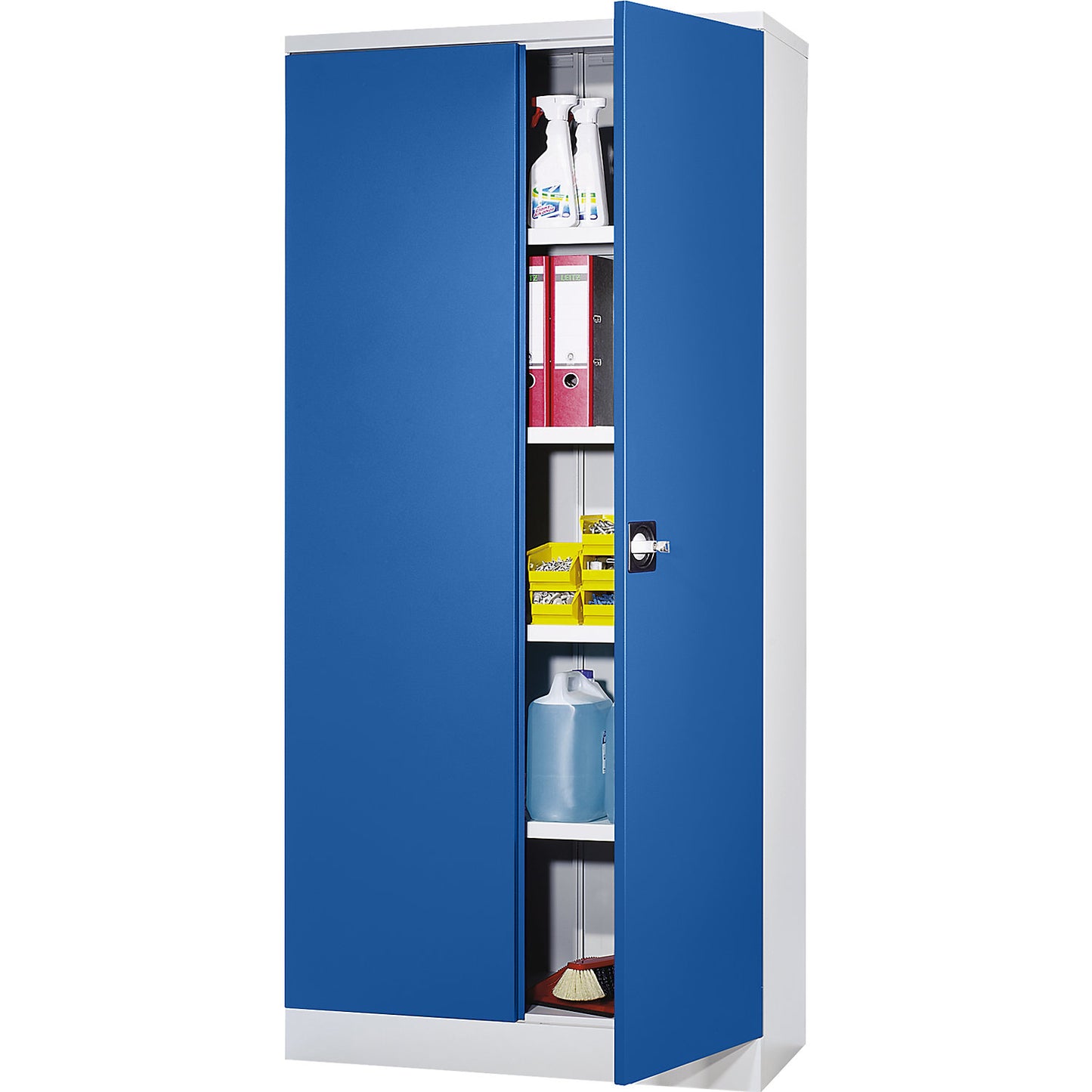 Universal hinged door cupboard, external HxWxD 1950 x 915 x 421 mm, gentian blue doors.